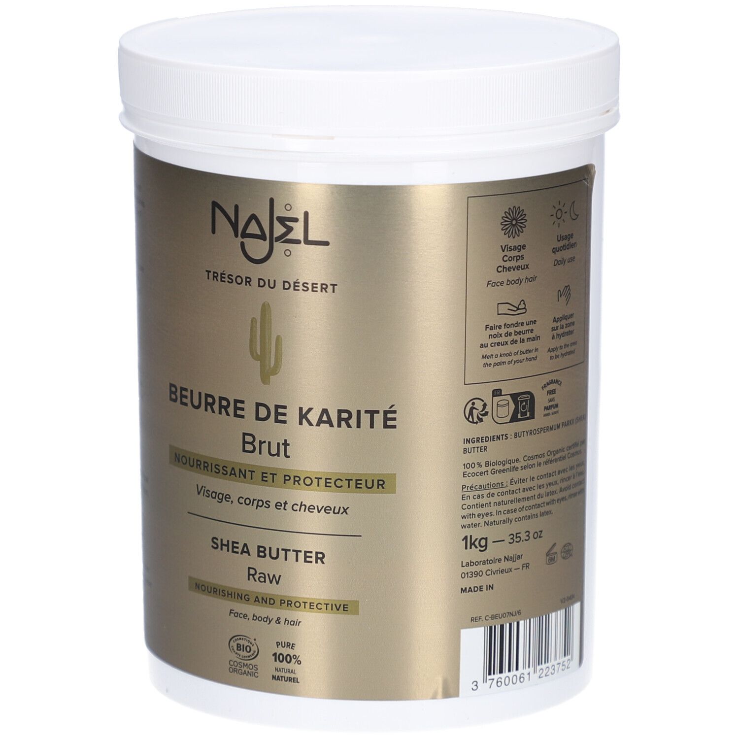 Weißer Behälter mit Deckel. Aufschrift: NAJEL, BEURRE DE KARITÉ Brut, Shea Butter Raw. Bio-Zertifizierung. 1kg.