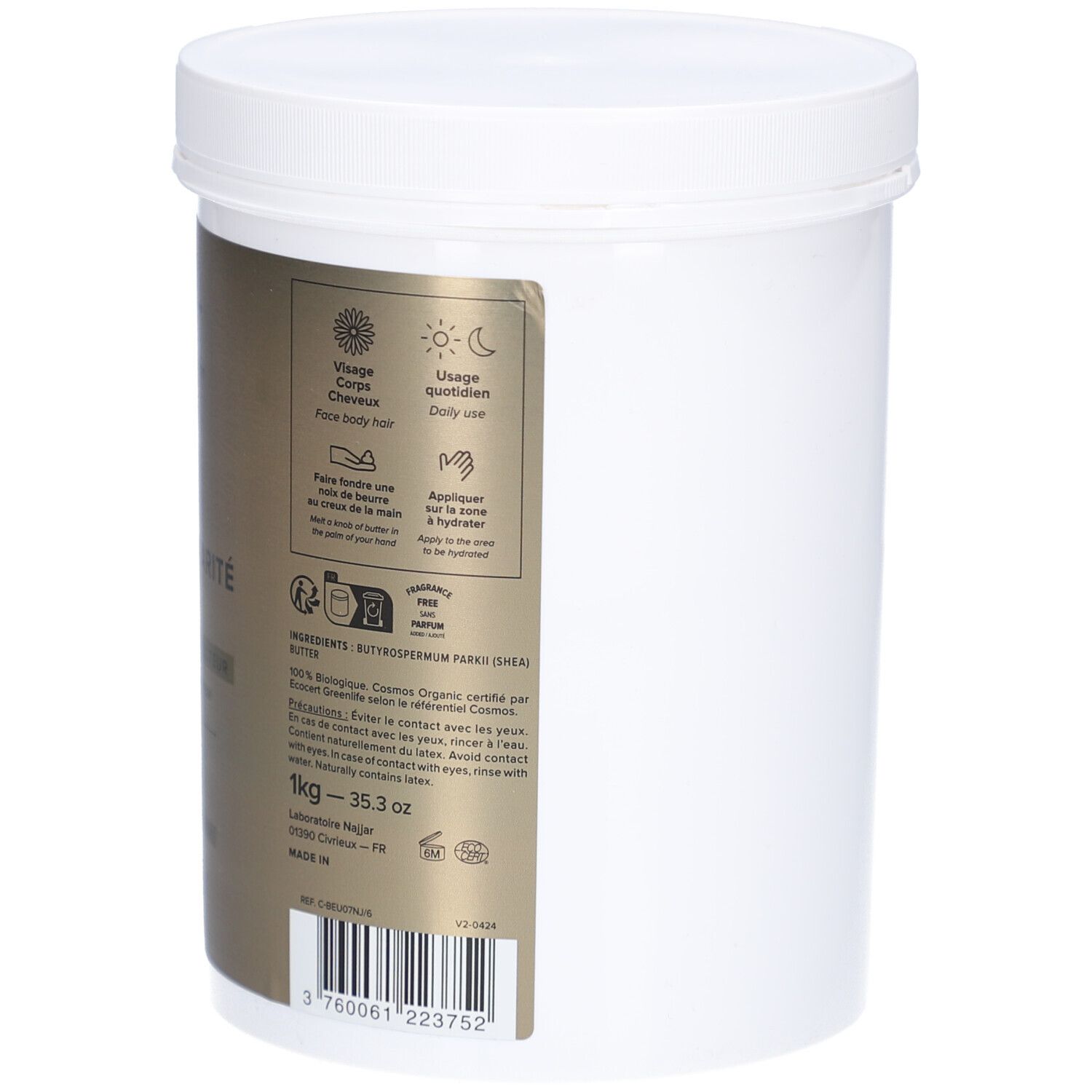 Weißer Behälter mit Deckel. Aufkleber mit Informationen zur Anwendung und Inhaltsstoffen. 1kg.