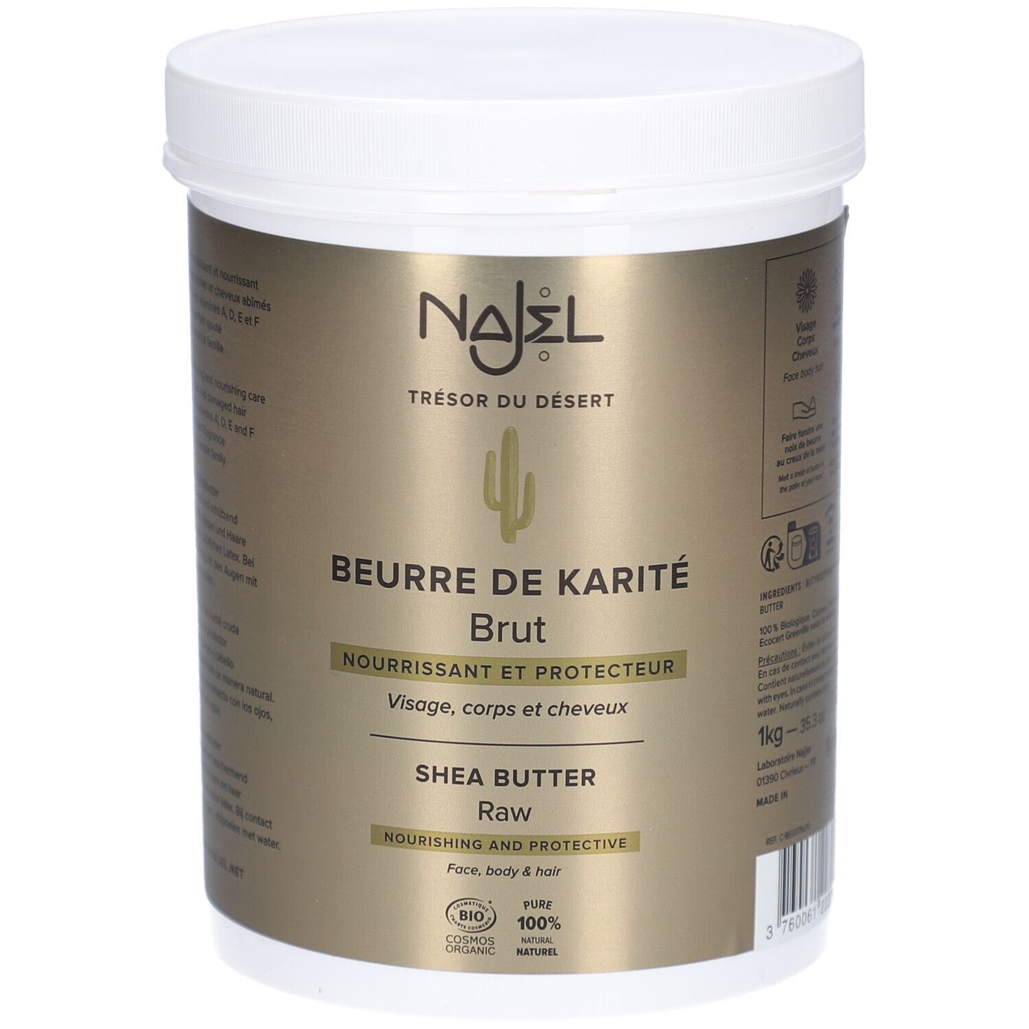 Weißer Behälter mit Deckel. Aufschrift: NAJEL, BEURRE DE KARITÉ Brut, Shea Butter Raw. Bio-Zertifizierung. 1kg.