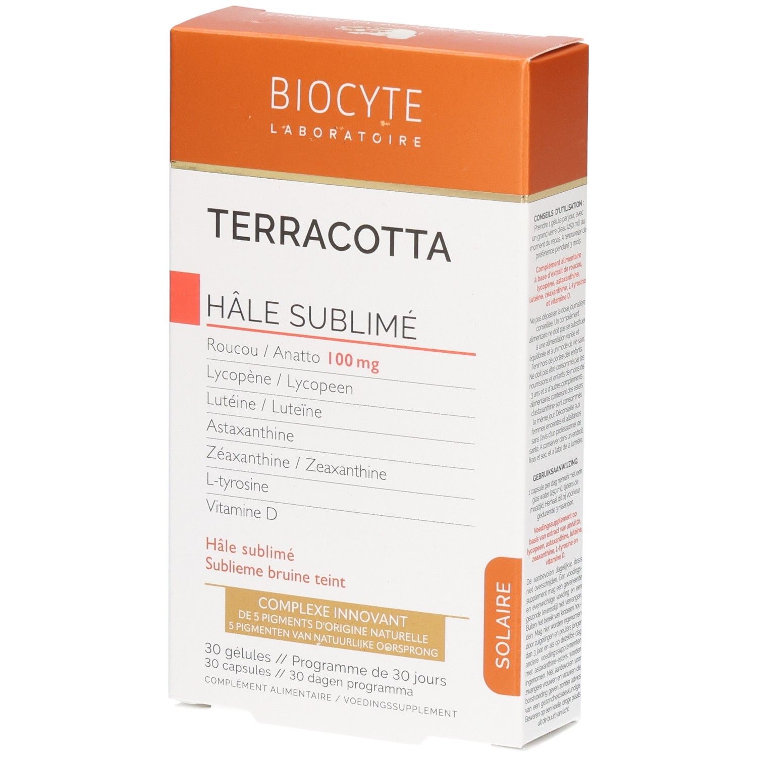 Biocyte Terracotta Hâle Sublimé. Weiße Schachtel mit orangefarbenem Deckel. Produktname und Inhaltsstoffe sind aufgedruckt.