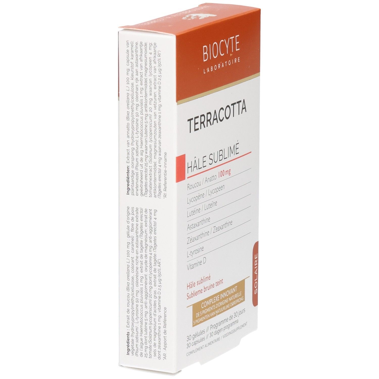 Biocyte Terracotta Hâle Sublimé. Weiße Schachtel mit orangefarbenem Deckel. Produktname und Inhaltsstoffe sind aufgedruckt.