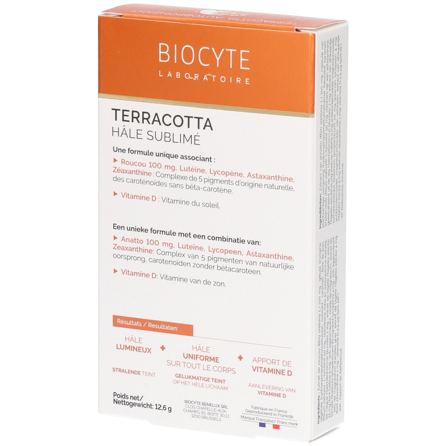 Biocyte Terracotta Hâle Sublimé. Weiße Schachtel mit orangefarbenem Deckel. Produktname und Inhaltsstoffe sind aufgedruckt.