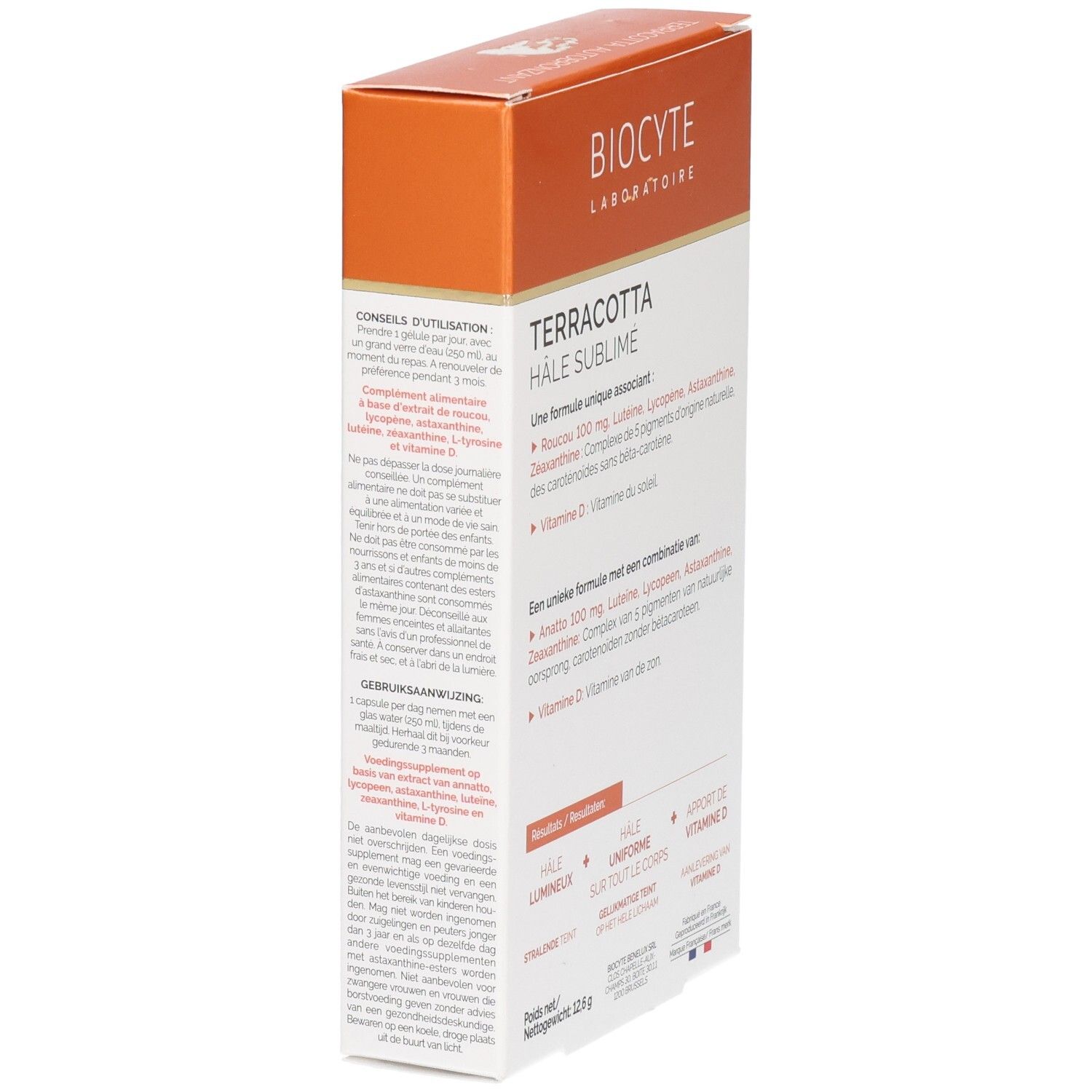 Biocyte Terracotta Hâle Sublimé. Weiße Schachtel mit orangefarbenem Deckel. Produktname und Inhaltsstoffe sind aufgedruckt.