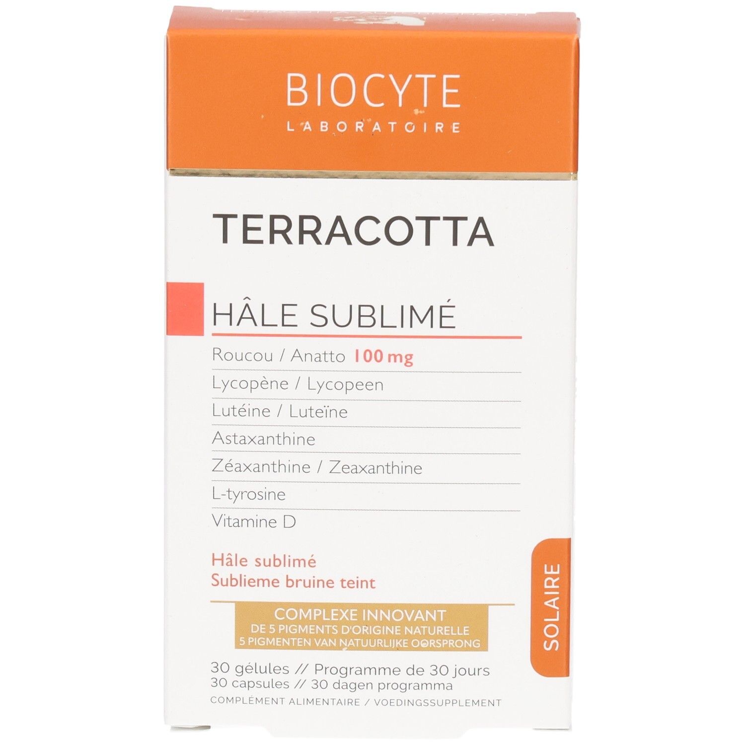 Biocyte Terracotta Hâle Sublimé. Weiße Schachtel mit orangefarbenem Deckel. Produktname und Inhaltsstoffe sind aufgedruckt.