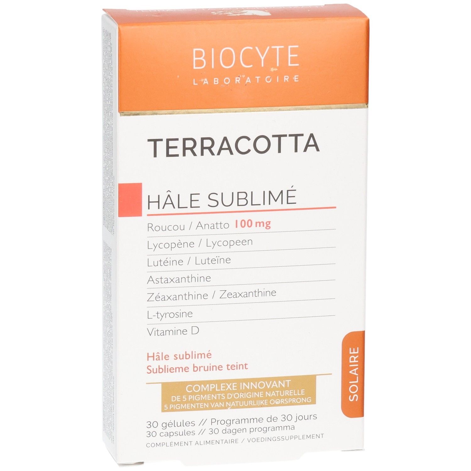 Biocyte Terracotta Hâle Sublimé. Weiße Schachtel mit orangefarbenem Deckel. Produktname und Inhaltsstoffe sind aufgedruckt.