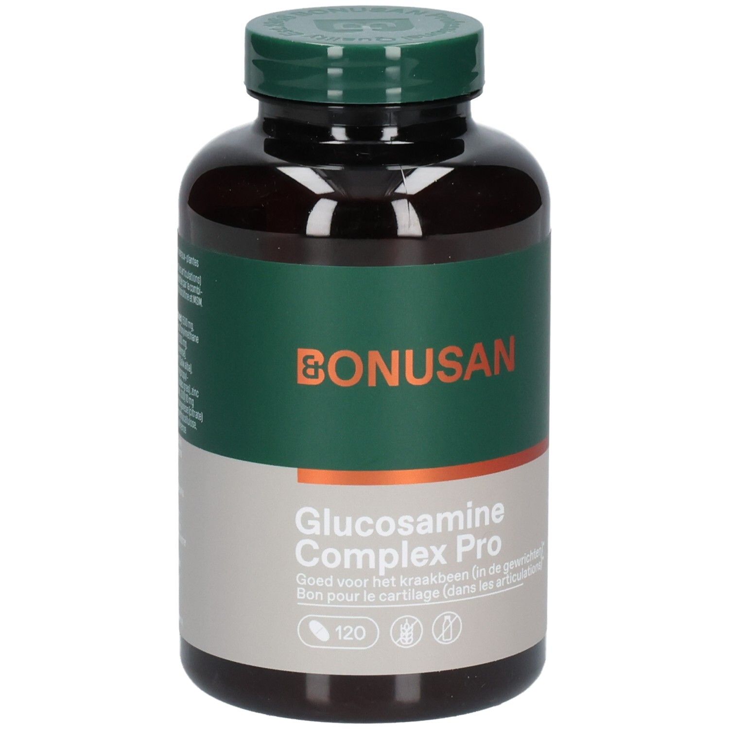 Braune Flasche mit grünem Etikett. Aufschrift: Bonusan Glucosamine Complex Pro. 120 Tabletten.