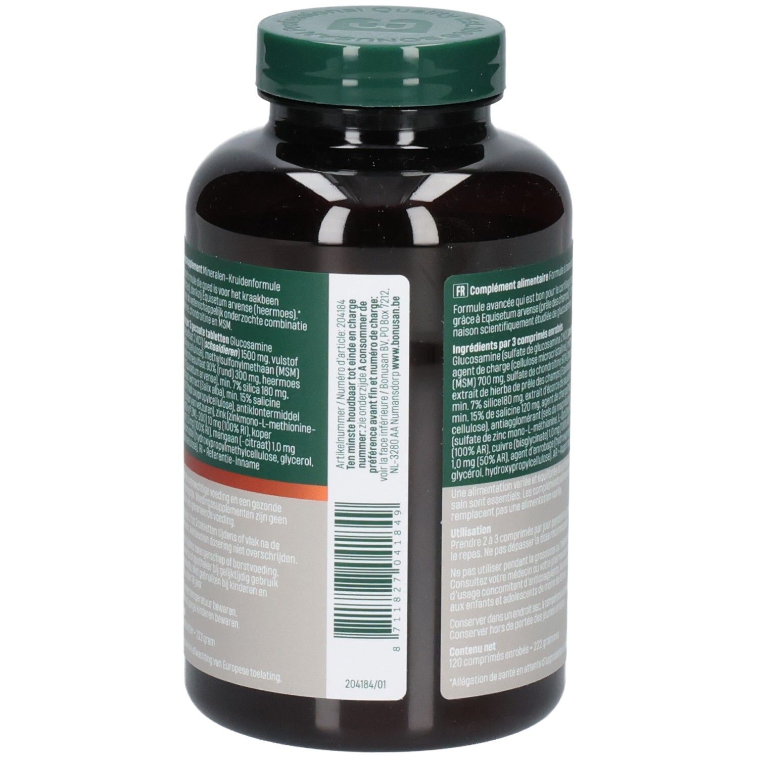 Rückseite der Flasche. Text in mehreren Sprachen. Zutatenliste und Nährwertangaben.
