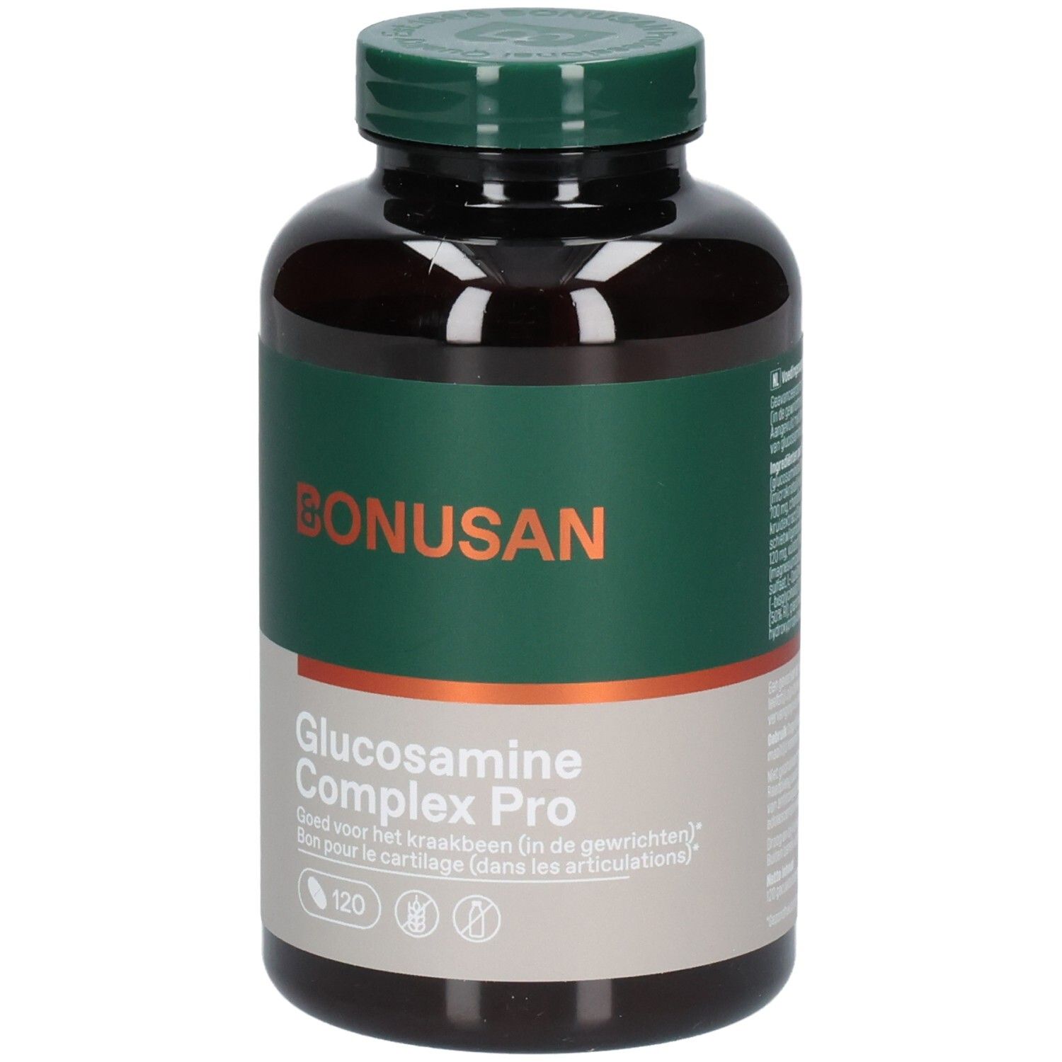 Braune Flasche mit grünem Etikett. Aufschrift: Bonusan Glucosamine Complex Pro. 120 Tabletten.