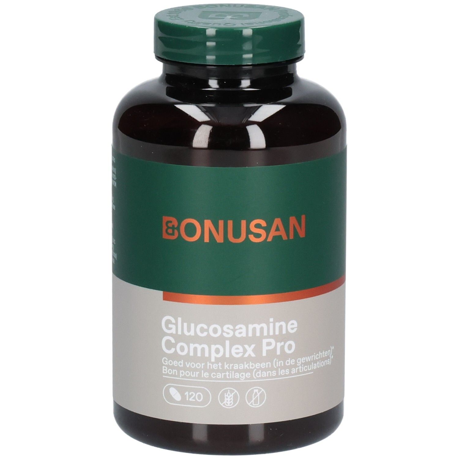 Braune Flasche mit grünem Etikett. Aufschrift: Bonusan Glucosamine Complex Pro. 120 Tabletten.