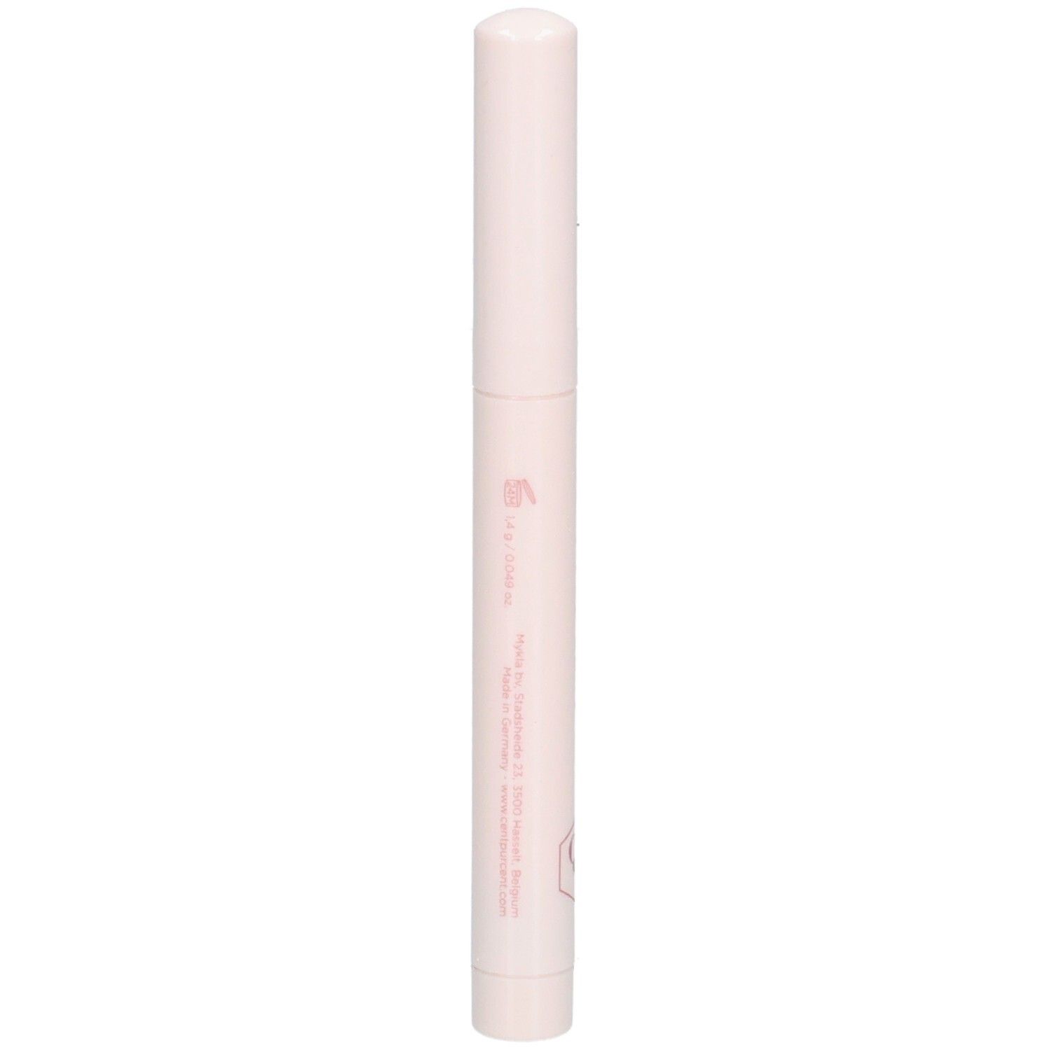 Hellrosa Stift mit weißem Deckel. Aufschrift in Rosa. Produktinformationen.