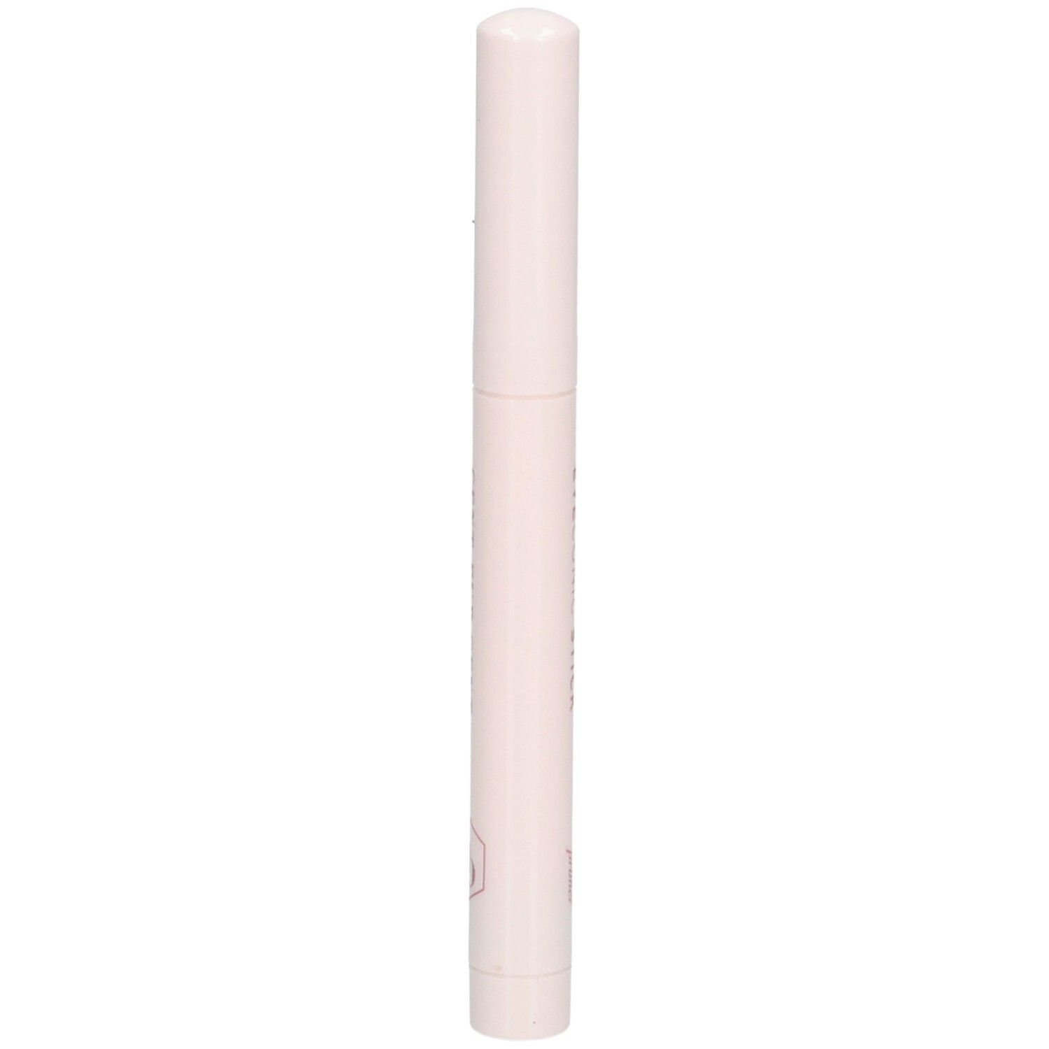Hellrosa Stift mit weißem Deckel. Aufschrift in Rosa. Produktinformationen.