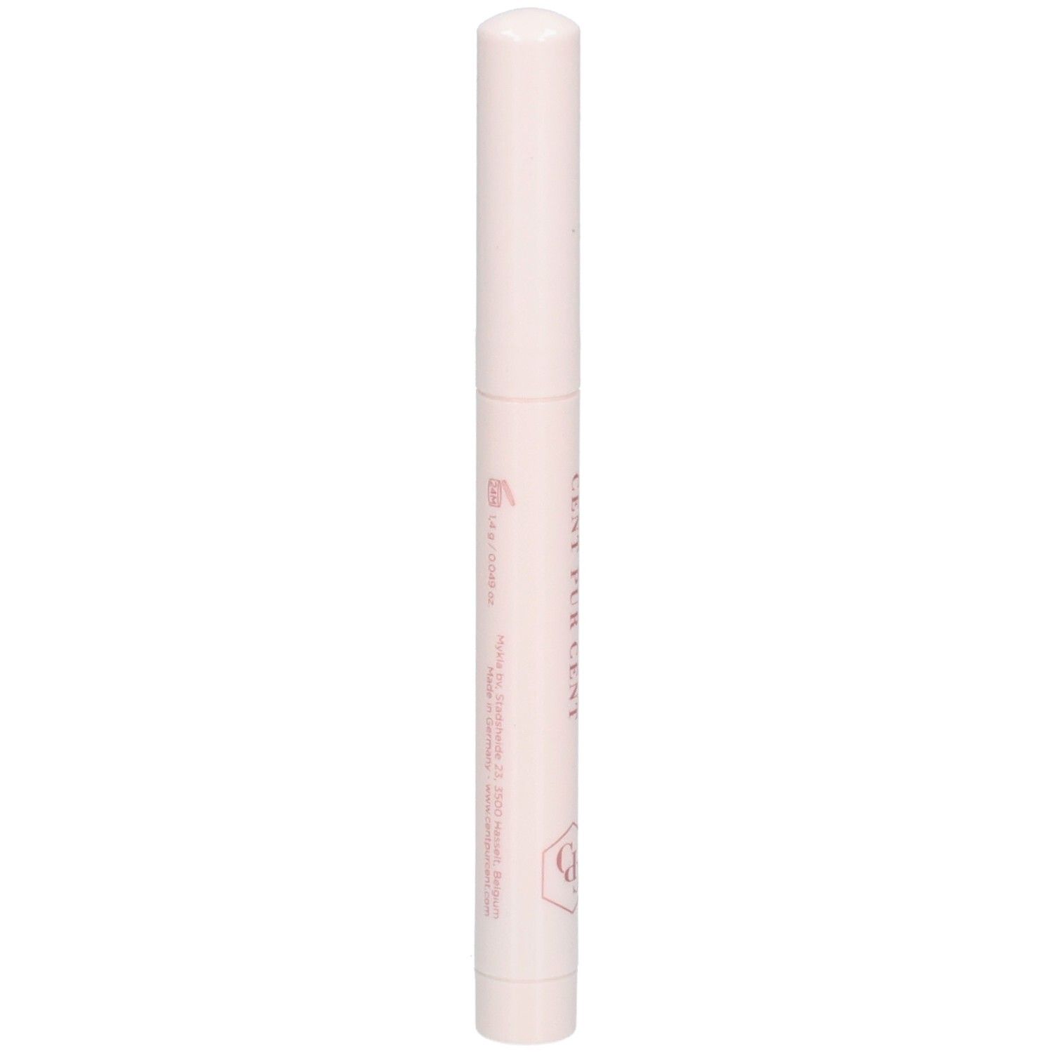 Hellrosa Stift mit weißem Deckel. Aufschrift in Rosa. Produktinformationen.