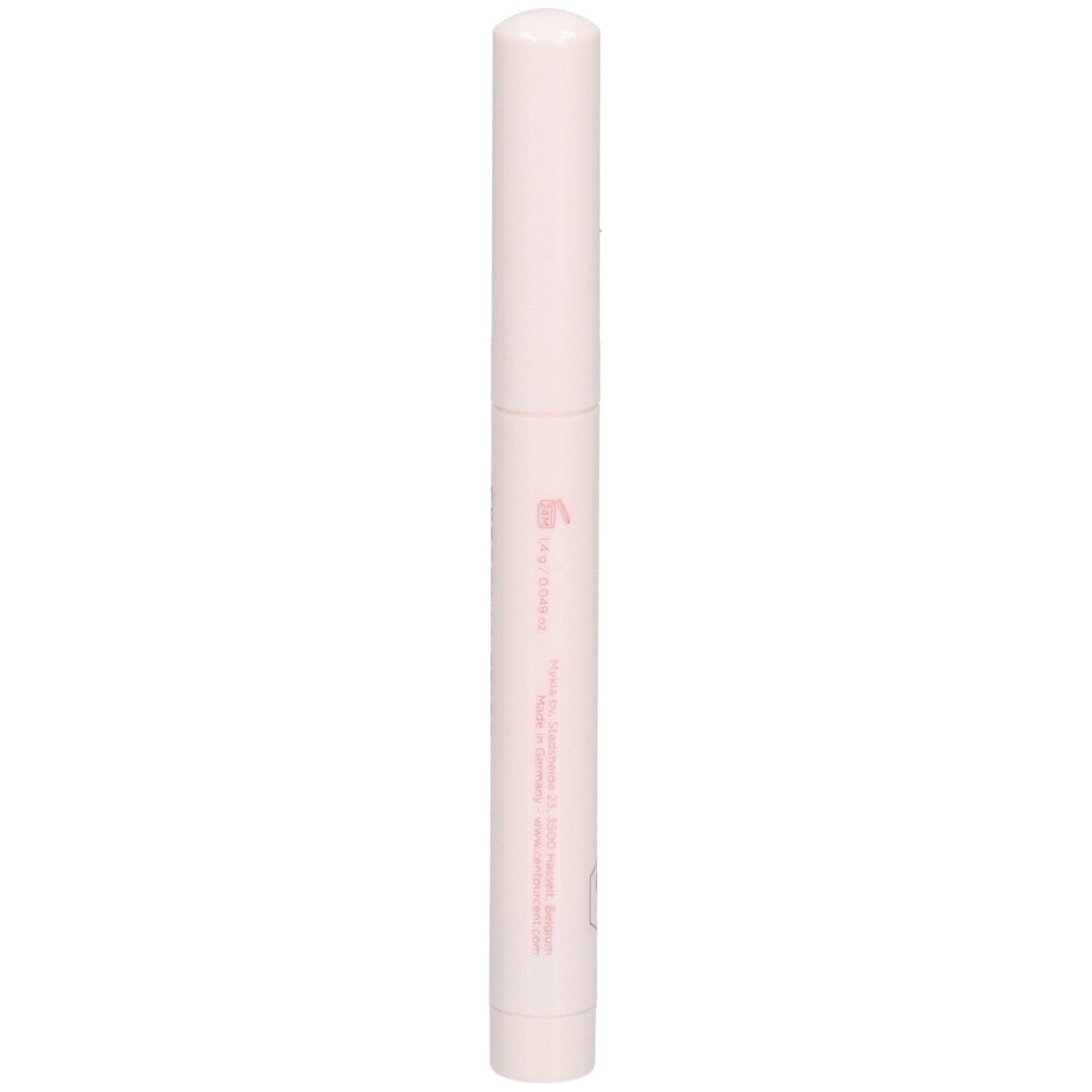 Hellrosa Stift mit weißem Deckel. Aufschrift in Rosa. Produktinformationen.