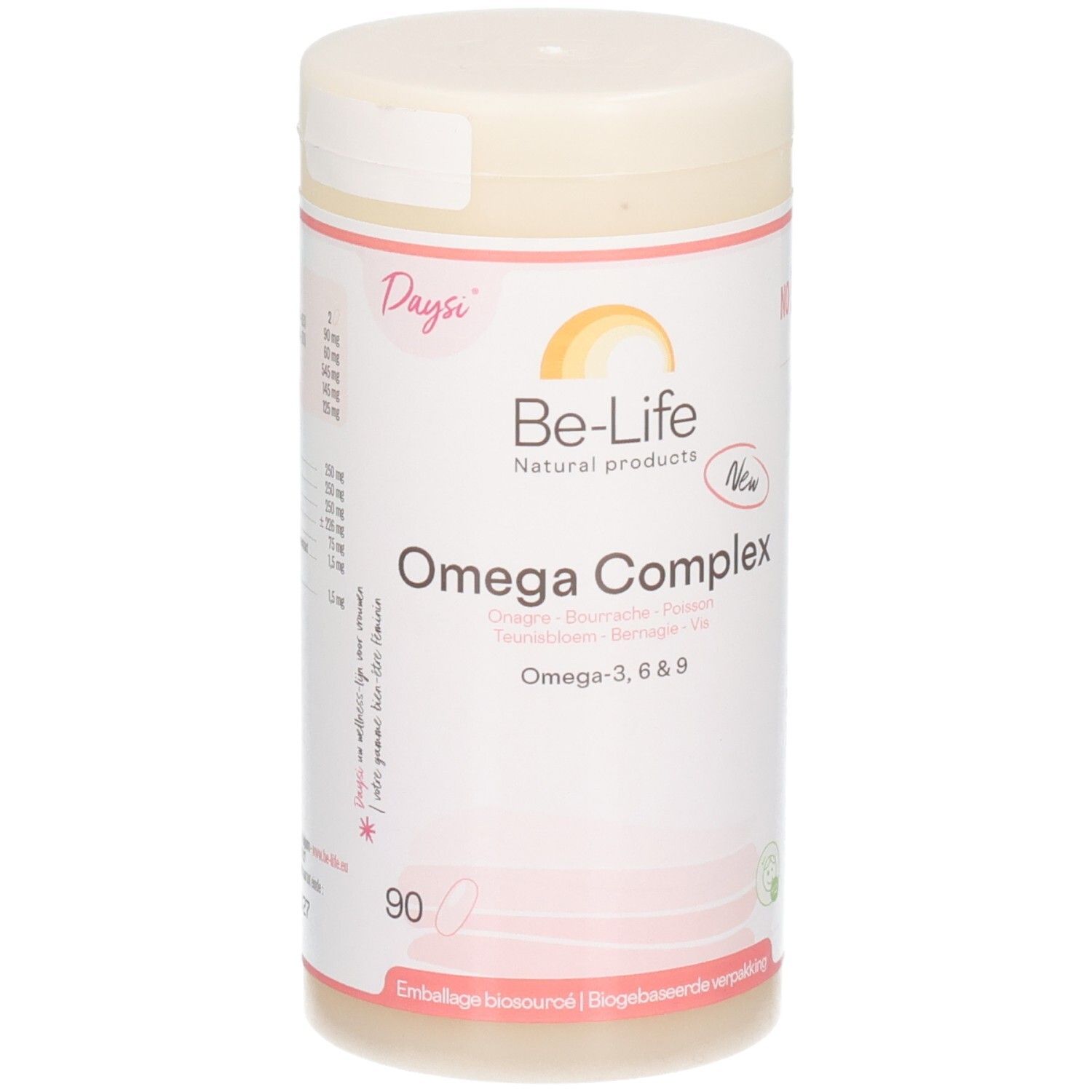 Zylindrische Dose mit Deckel. Aufschrift: Be-Life Omega Complex, Omega-3,6&9. Enthält 90 Kapseln. Biologisch abbaubare Verpackung.