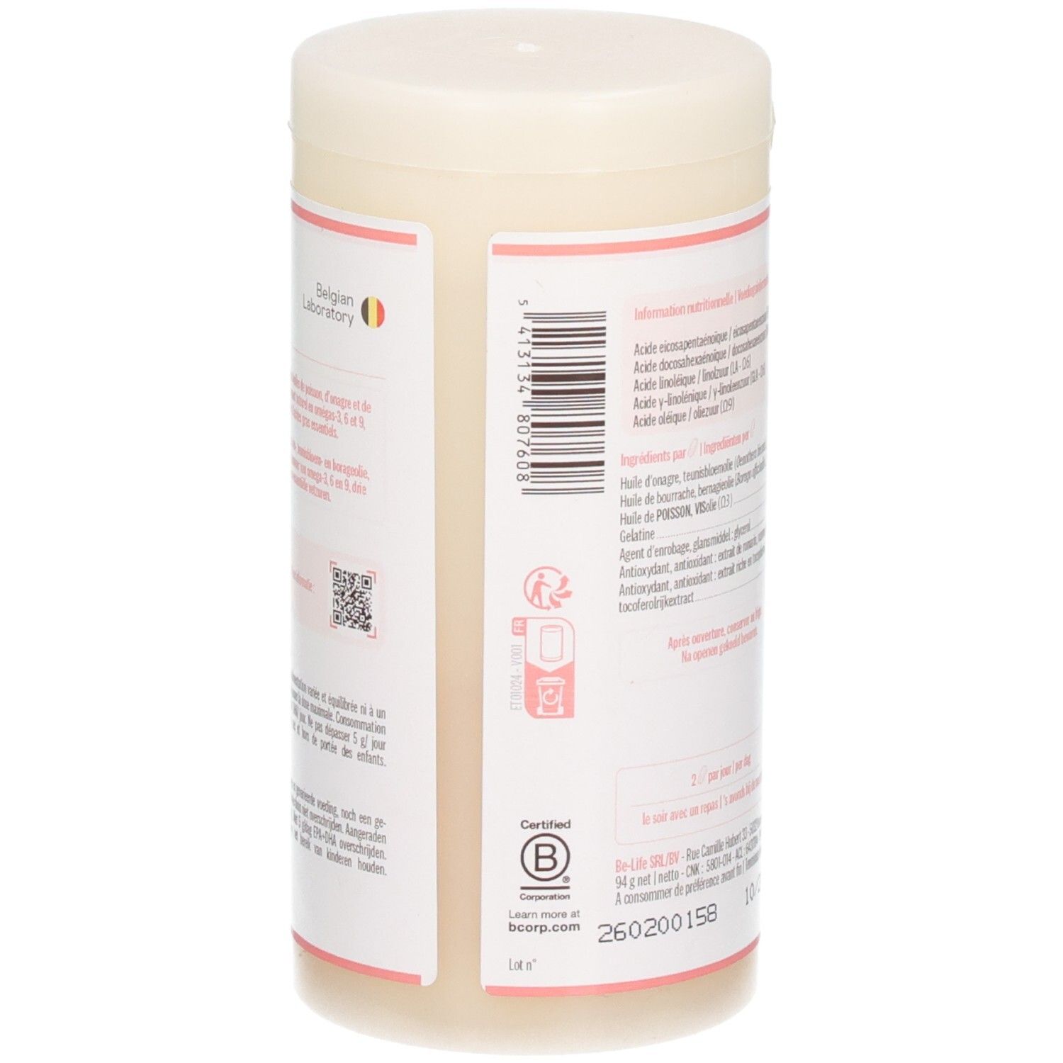 Rückseite der Dose. Enthält Informationen, QR-Code und das B Corp-Zertifizierungslogo. Hergestellt in Belgien. Barcode.