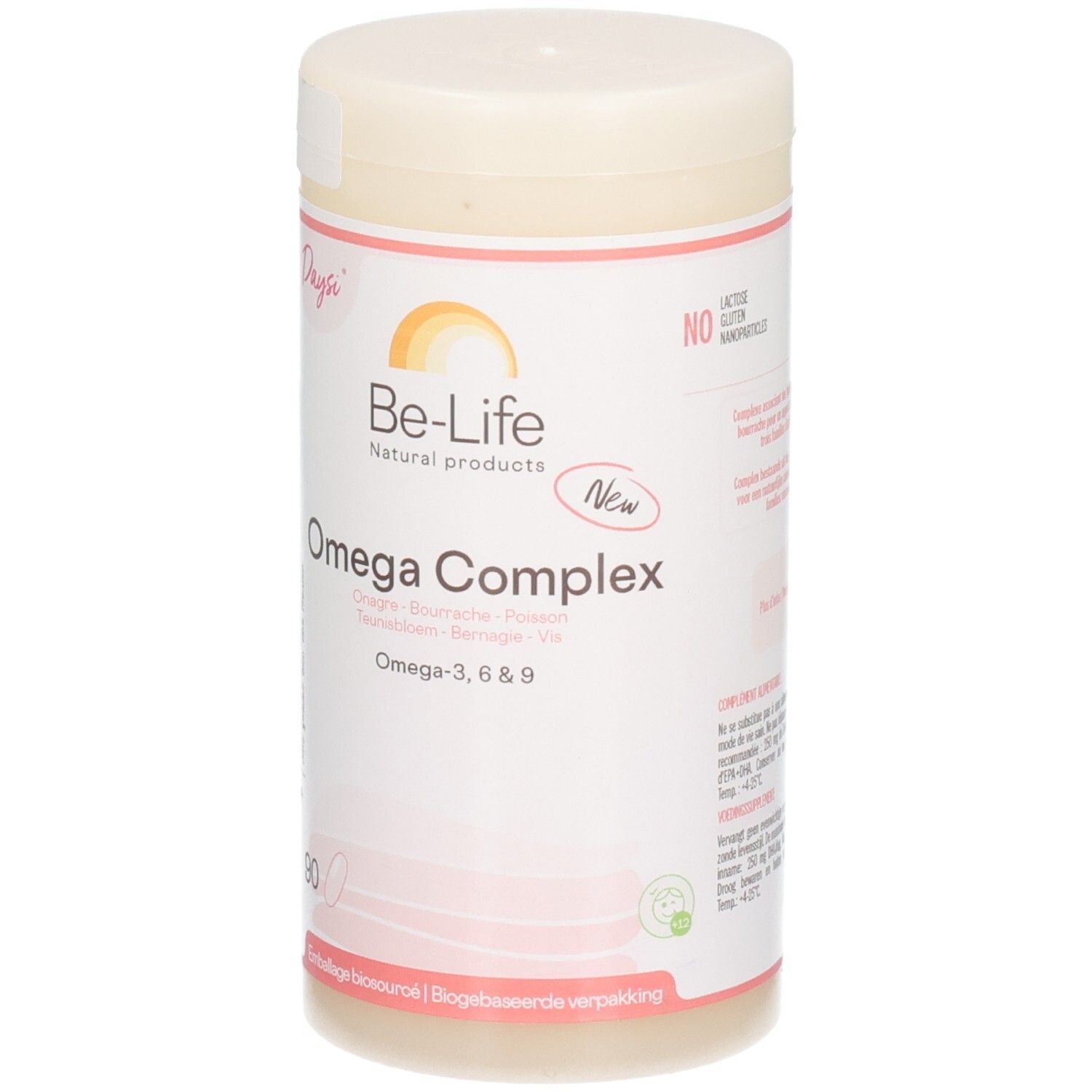 Zylindrische Dose mit Deckel. Aufschrift: Be-Life Omega Complex, Omega-3,6&9. Enthält 90 Kapseln. Frei von Laktose, Gluten und Nanopartikeln.