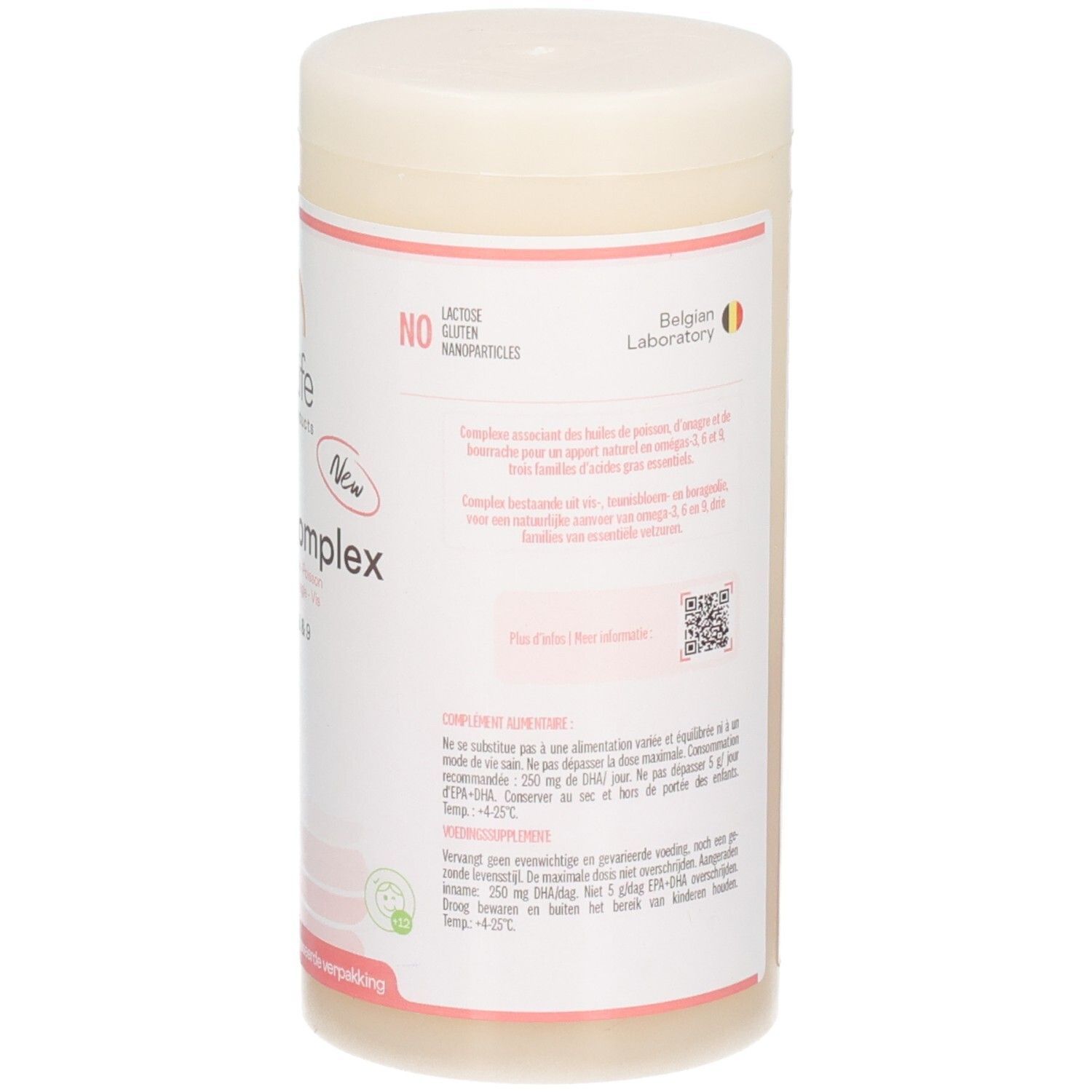 Rückseite der Dose. Enthält Informationen, QR-Code und das belgische Laborlogo. Frei von Laktose, Gluten und Nanopartikeln.