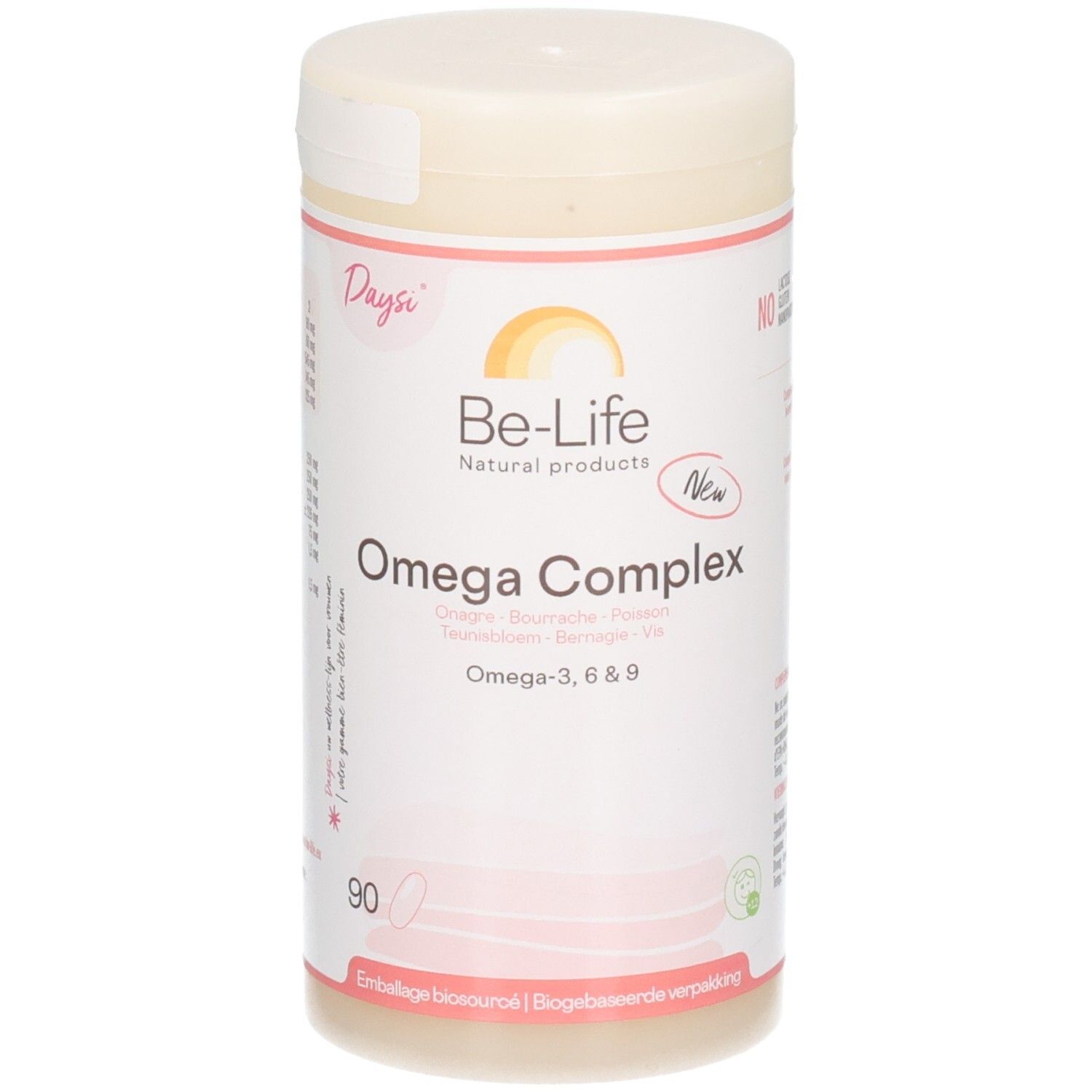Zylindrische Dose mit Deckel. Aufschrift: Be-Life Omega Complex, Omega-3,6&9. Enthält 90 Kapseln. Biologisch abbaubare Verpackung.