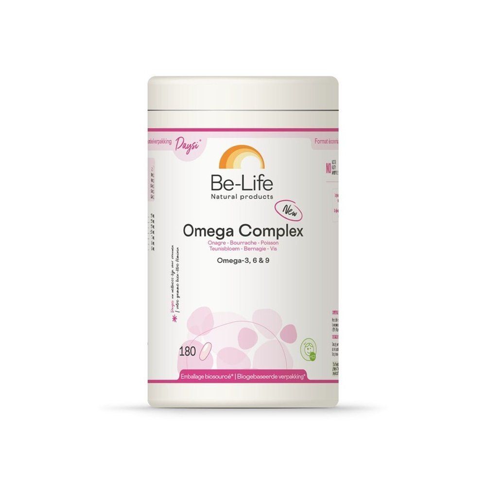 Pot blanc Be-Life Omega Complex avec accents roses. Contient 180 gélules. Inscription : Omega-3, 6 & 9.