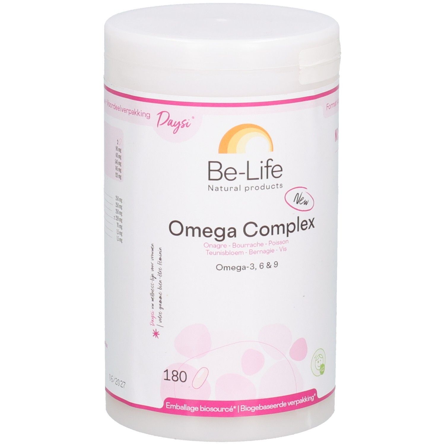 Weißes Be-Life Omega Complex-Behälter mit rosa Akzenten. Enthält 180 Kapseln. Aufschrift: Omega-3, 6 & 9.