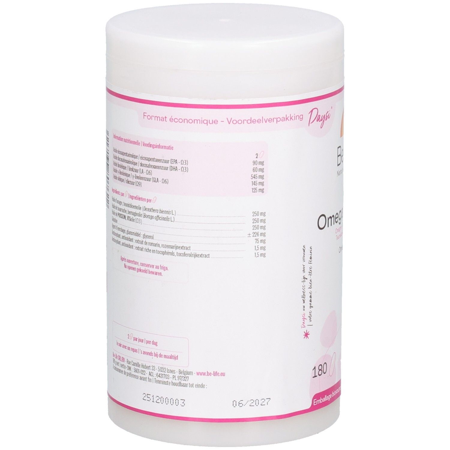 Rückseite des weißen Be-Life Omega Complex-Behälters. Enthält Informationen zu Inhaltsstoffen und Nährwerten. Rosa Akzente.