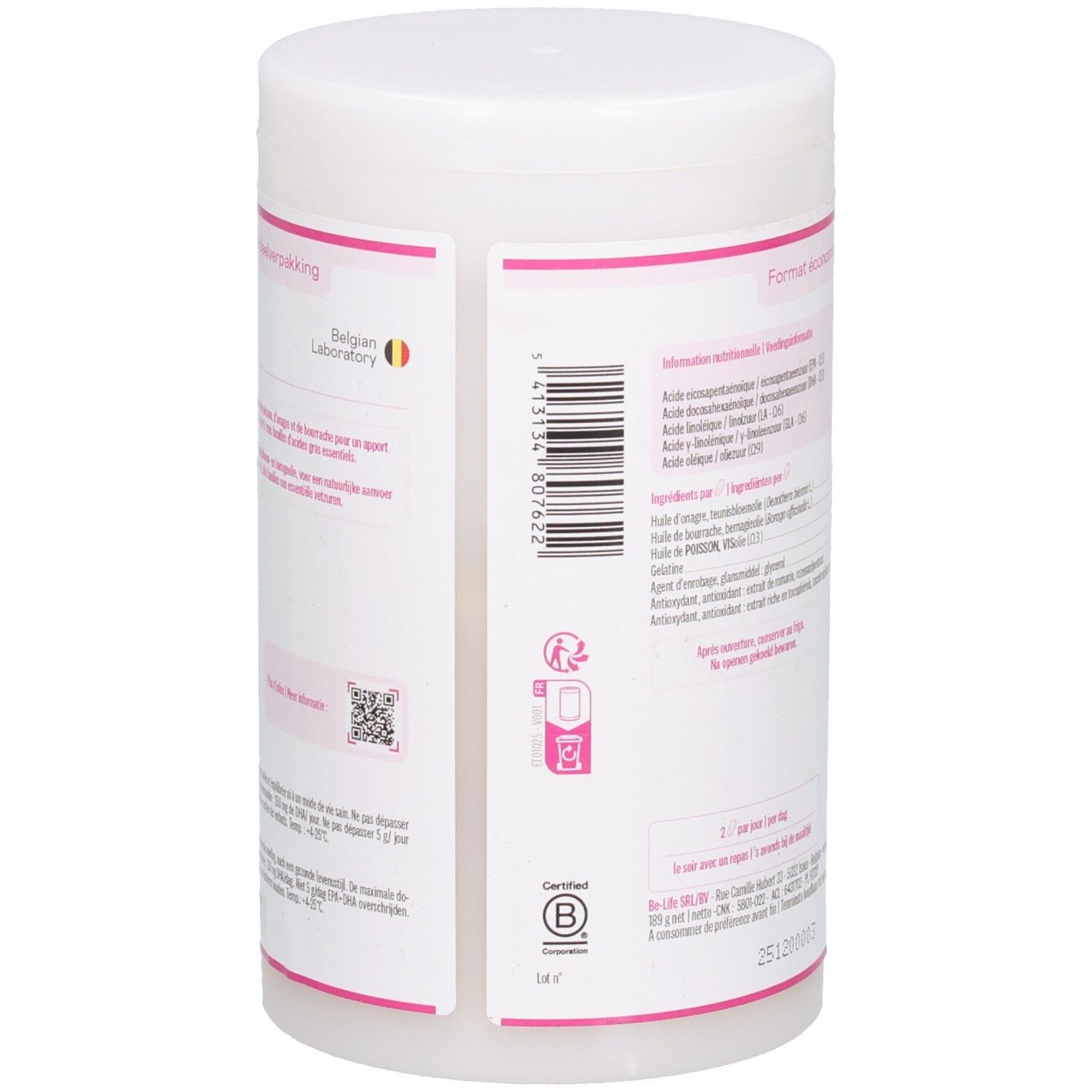 Rückseite des weißen Be-Life Omega Complex-Behälters. Mit Informationen und QR-Code. Rosa Akzente.