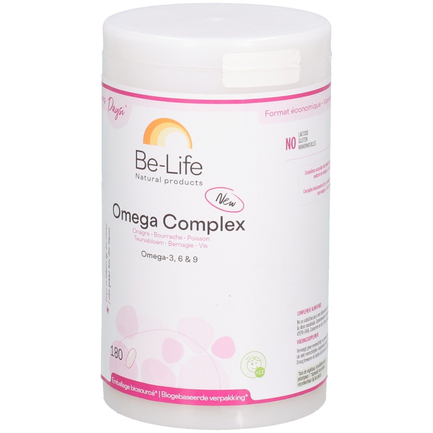 Weißer Be-Life Omega Complex-Behälter mit rosa Akzenten. Enthält 180 Kapseln. Aufschrift: Omega-3, 6 & 9.