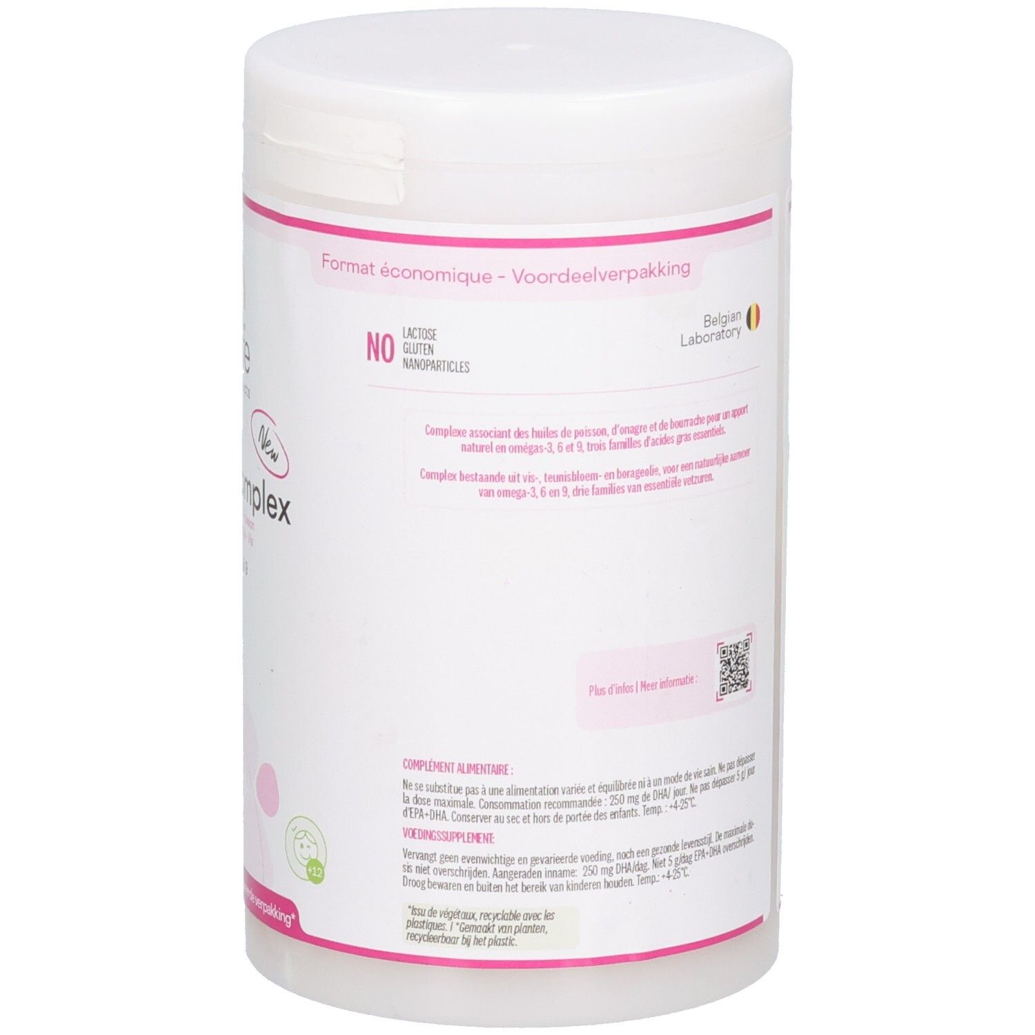 Rückseite des weißen Be-Life Omega Complex-Behälters. Mit Informationen. Rosa Akzente.