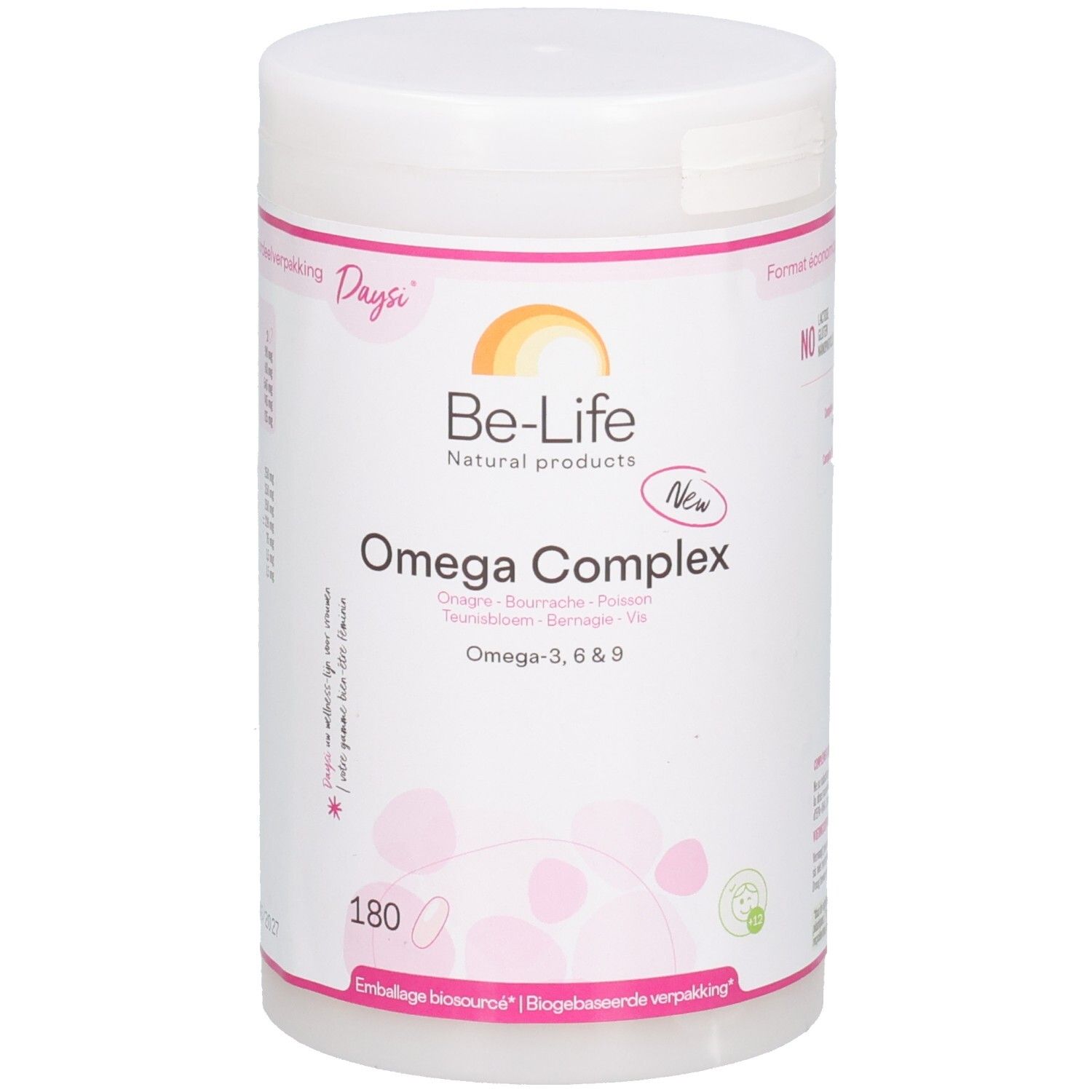 Weißer Be-Life Omega Complex-Behälter mit rosa Akzenten. Enthält 180 Kapseln. Aufschrift: Omega-3, 6 & 9.