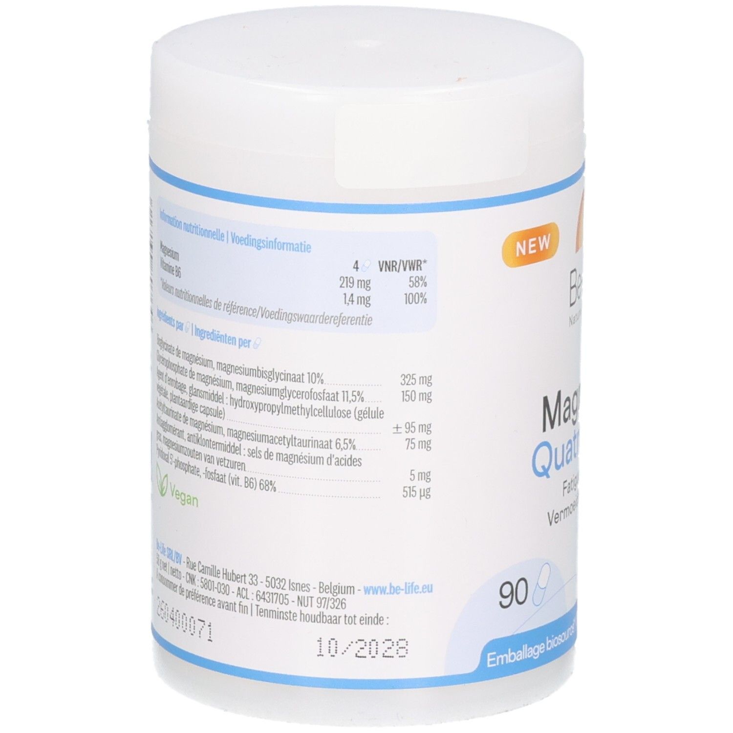 Rückseite der Be-Life Magnesium Quatro Junior Dose mit Nährwertangaben und Inhaltsstoffen.