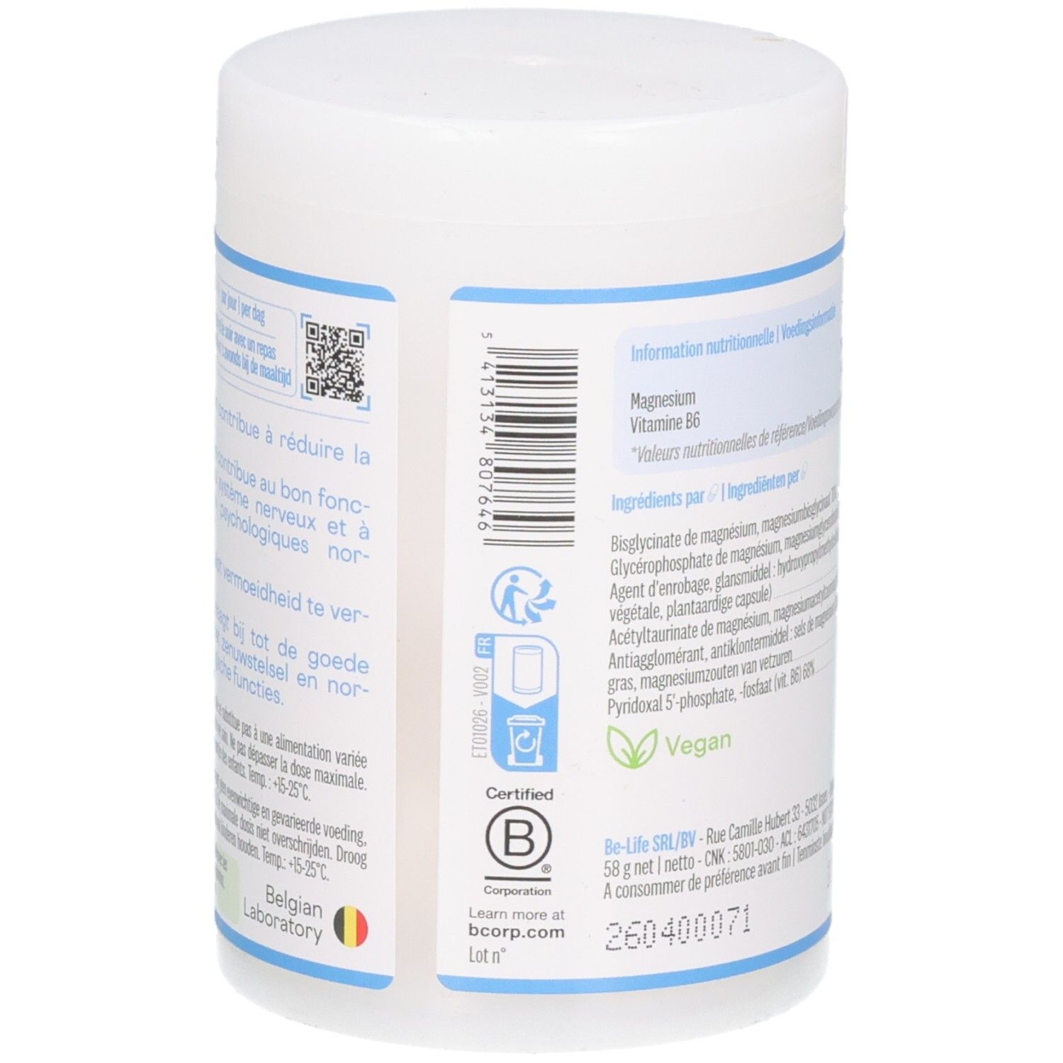 Seitenansicht der Be-Life Magnesium Quatro Junior Dose mit Zertifizierungen und Barcode.