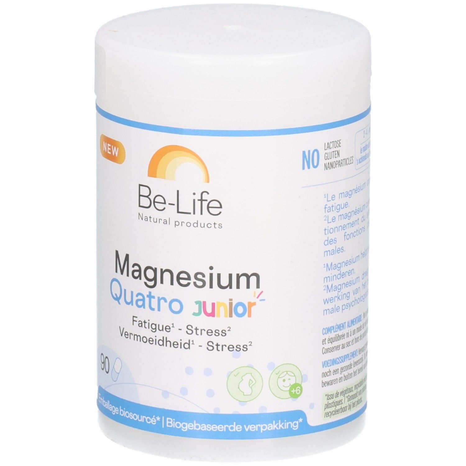Be-Life Magnesium Quatro Junior Dose mit 90 Kapseln. Frei von Laktose und Gluten.