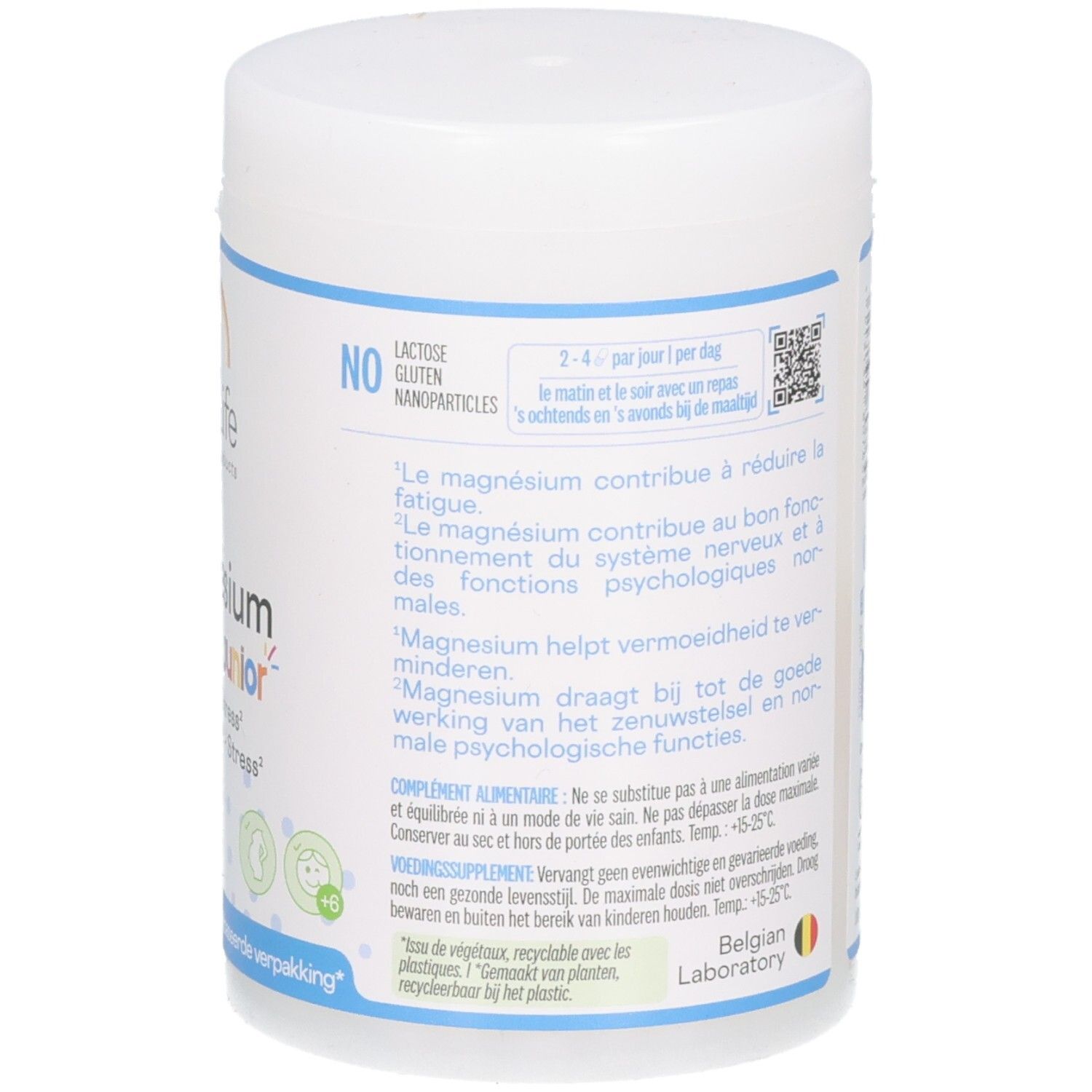 Rückseite der Be-Life Magnesium Quatro Junior Dose mit Anwendungshinweisen und Inhaltsstoffen.