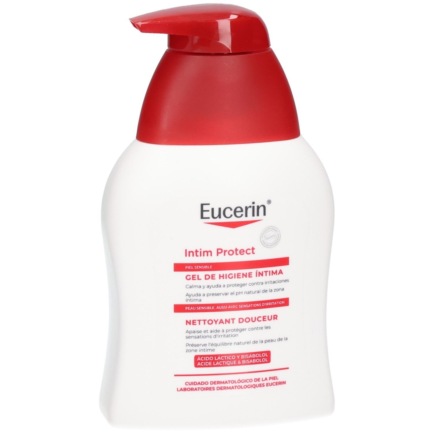 Eucerin Intim Protect: Flasche mit Pumpspender, weiße Lotion mit rotem Verschluss.