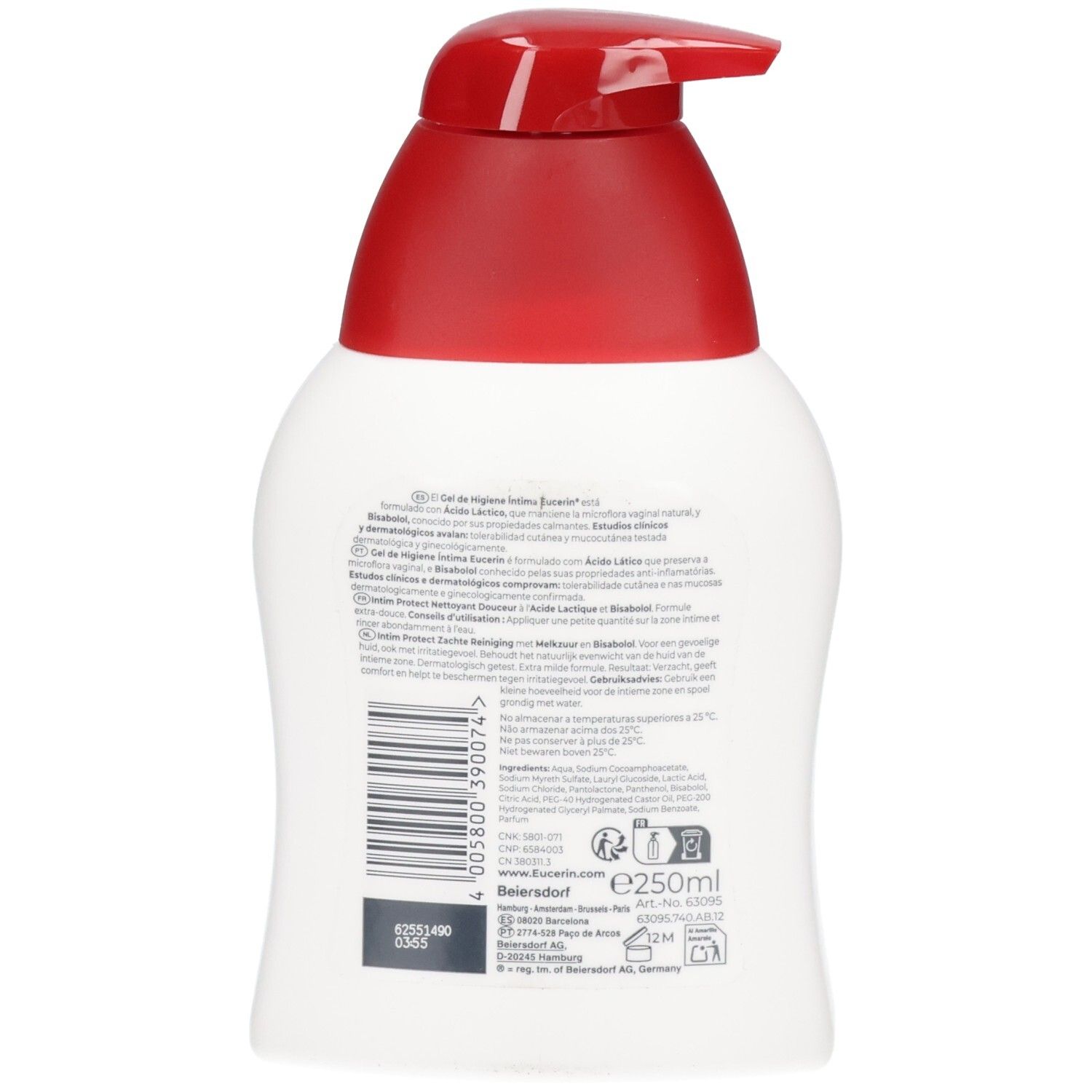 Rückseite der Eucerin Intim Protect Flasche mit Produktinformationen und Barcode.