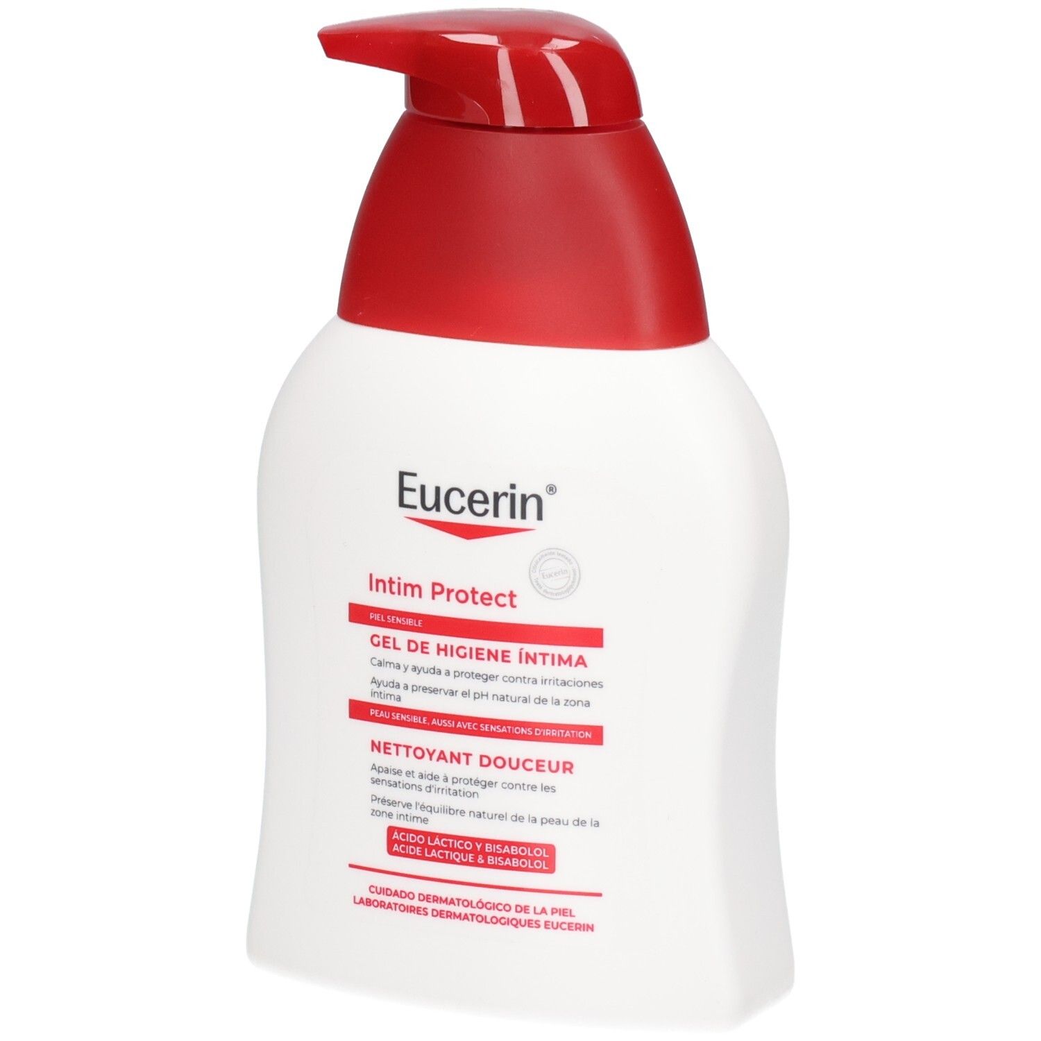 Eucerin Intim Protect: Flasche mit Pumpspender, weiße Lotion mit rotem Verschluss.