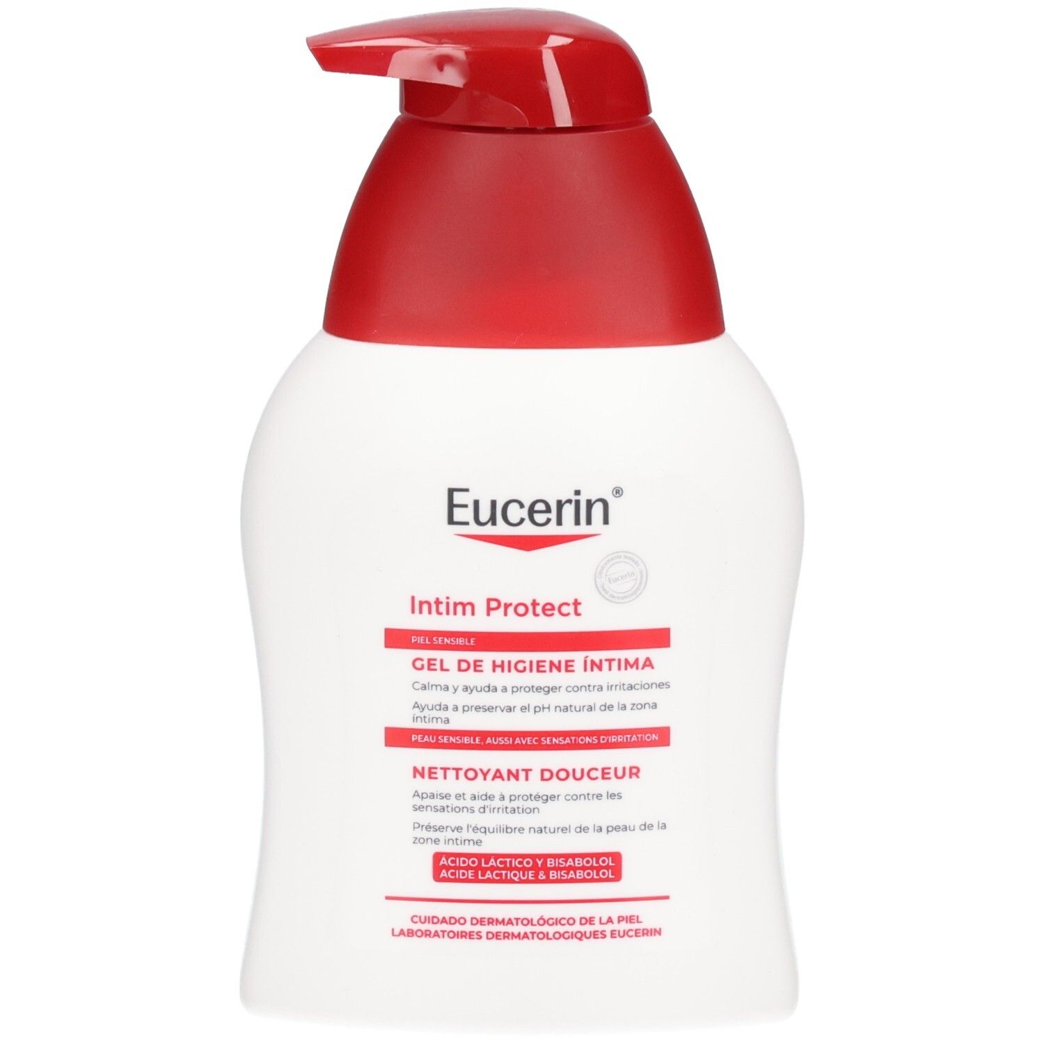 Eucerin Intim Protect: Flasche mit Pumpspender, weiße Lotion mit rotem Verschluss.