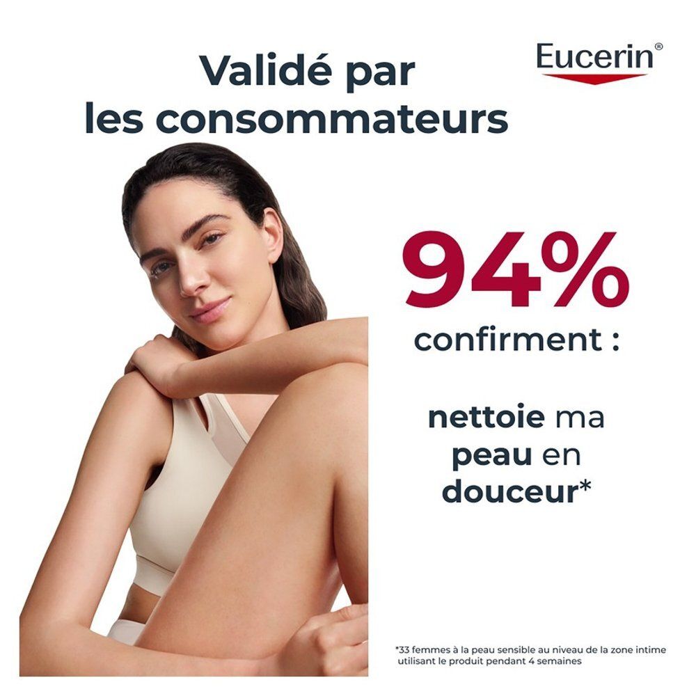 Frau mit glatter Haut, Eucerin Logo und Text 'Validé par les consommateurs'.