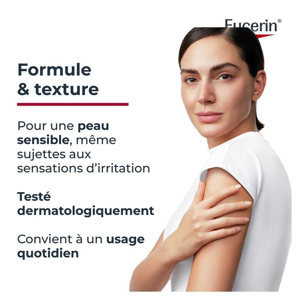 Eucerin: Frauengesicht mit Text über empfindliche Haut.