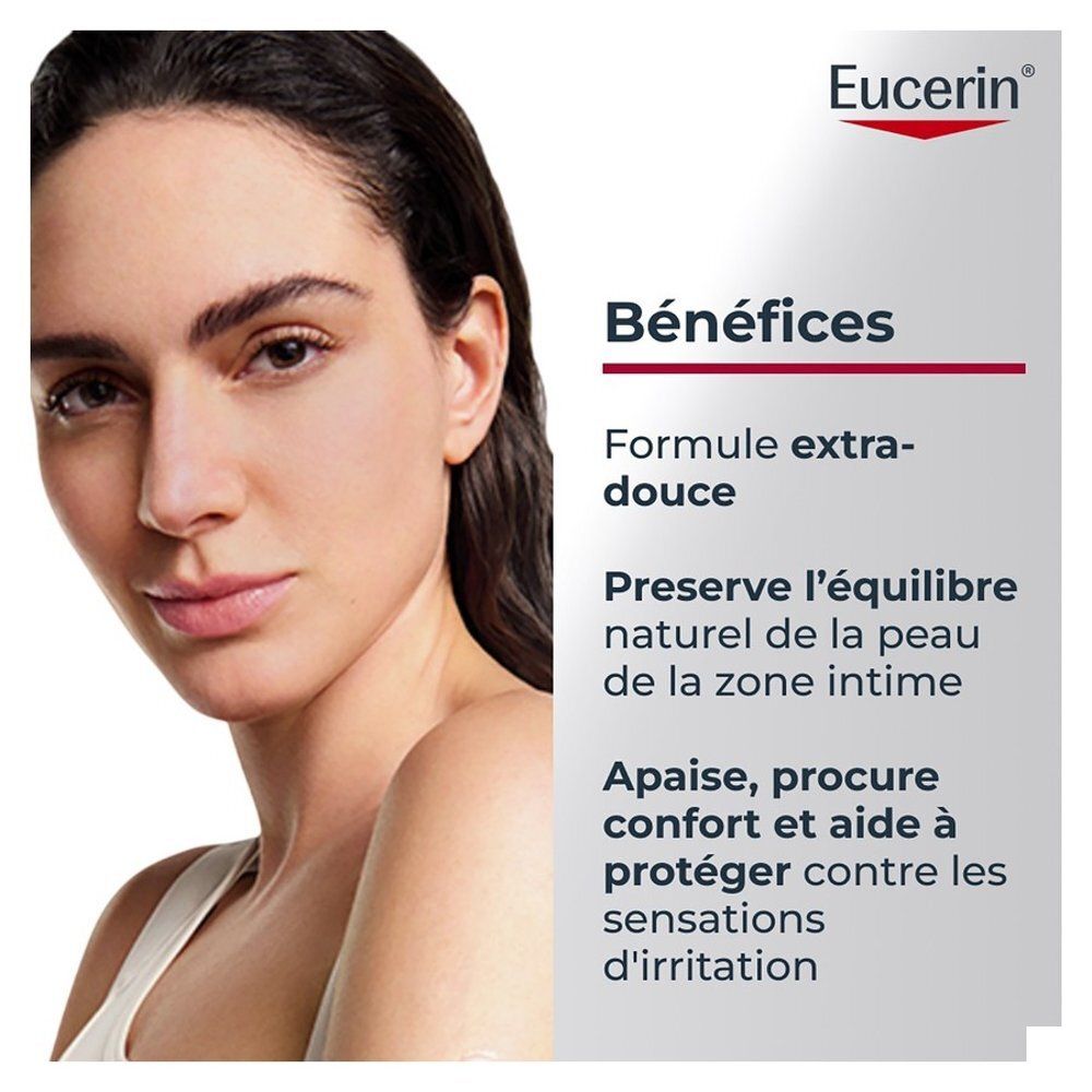 Eucerin: Frauengesicht mit Text über Intimpflege.