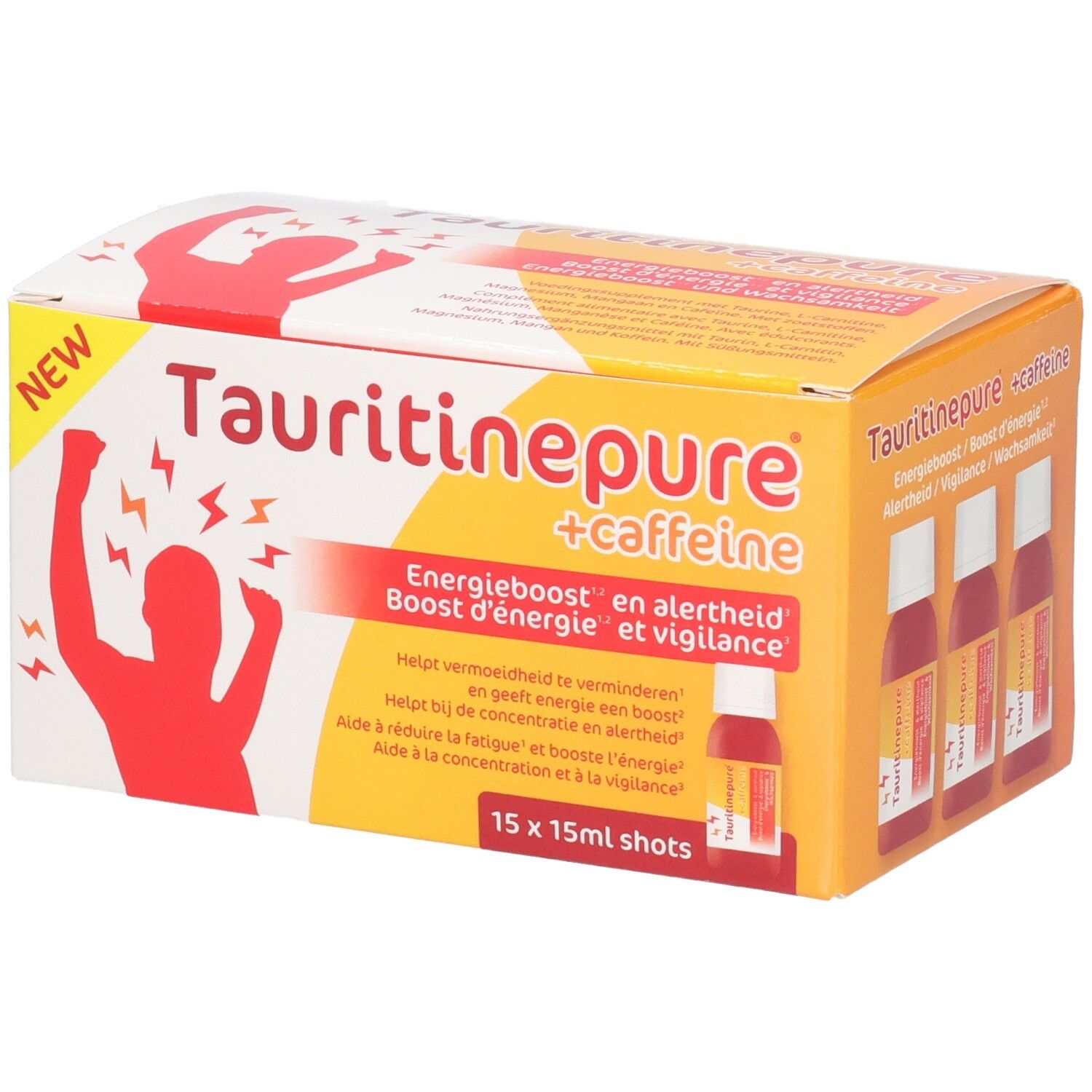 Verpackung von Tauritinepure + Caffeine, 15x 15ml Shots. Zeigt rote Silhouetten und Blitzsymbole.