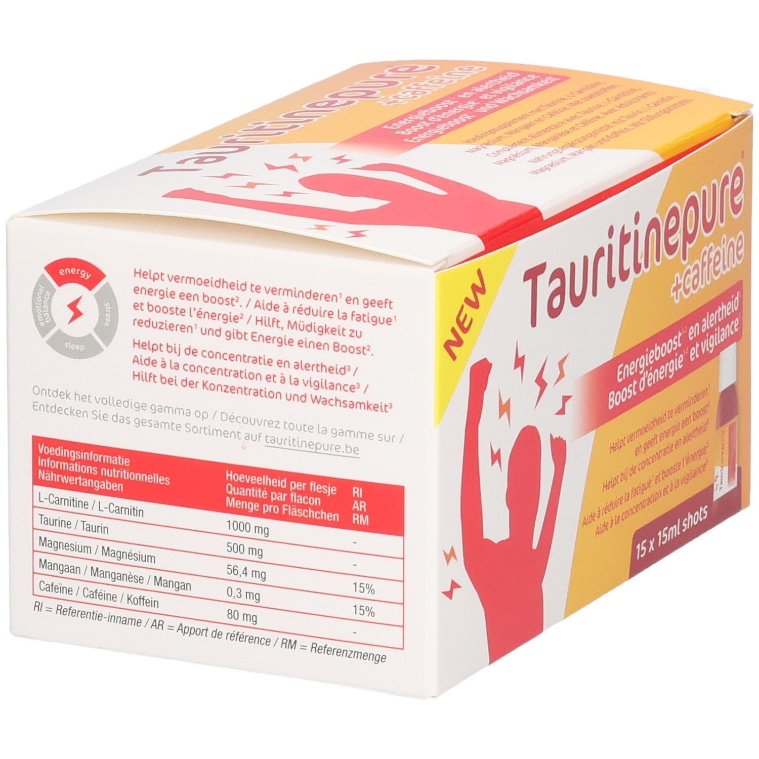 Rückseite der Tauritinepure + Caffeine Verpackung mit Nährwertangaben und Inhaltsstoffen.