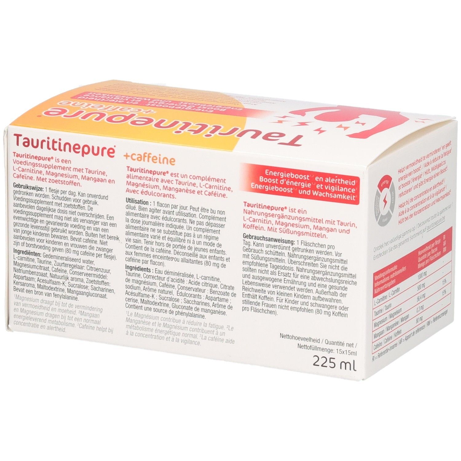 Seite der Tauritinepure + Caffeine Verpackung mit Produktinformationen und Nährwerttabelle.