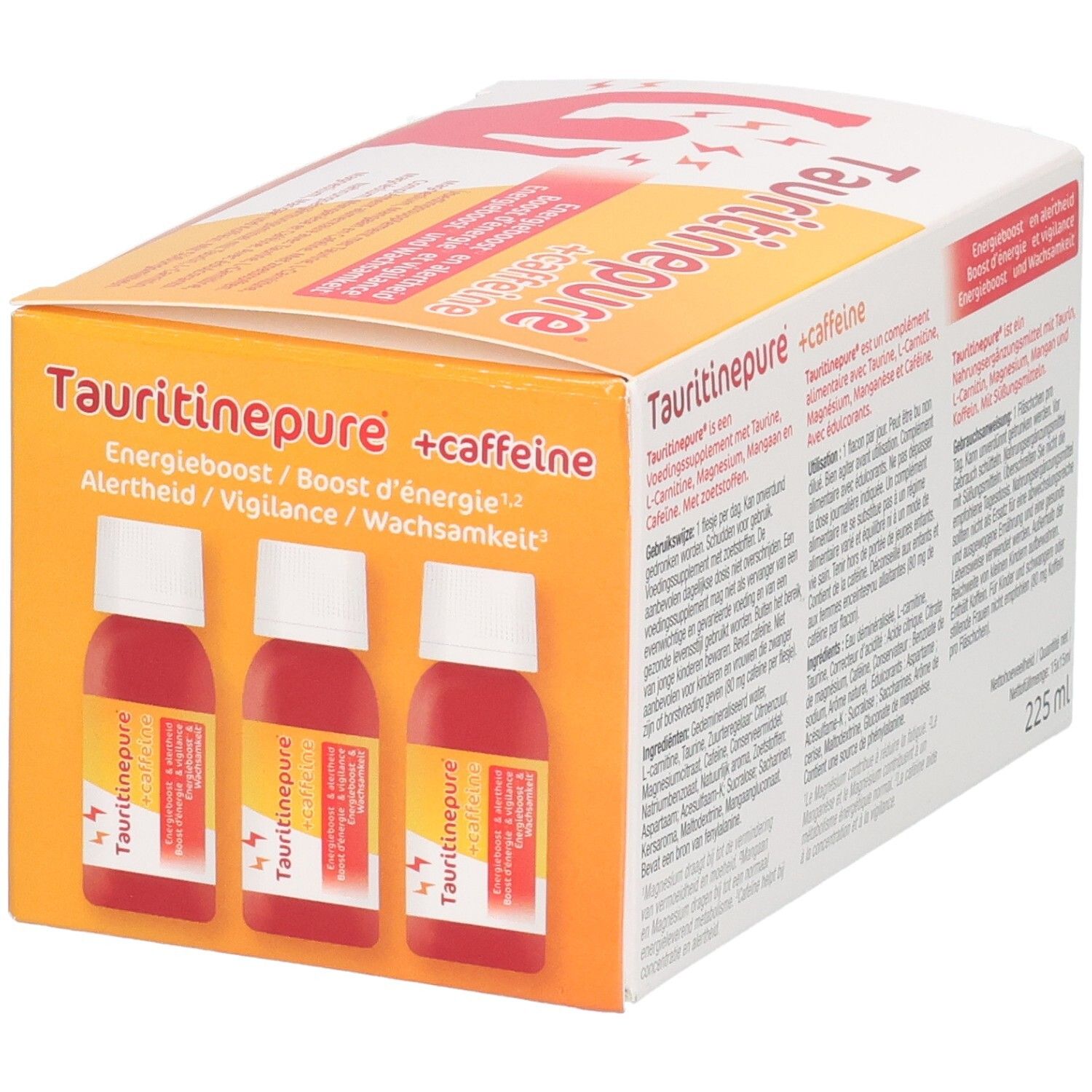 Vorderseite der Tauritinepure + Caffeine Verpackung mit drei Shots und Produktnamen.