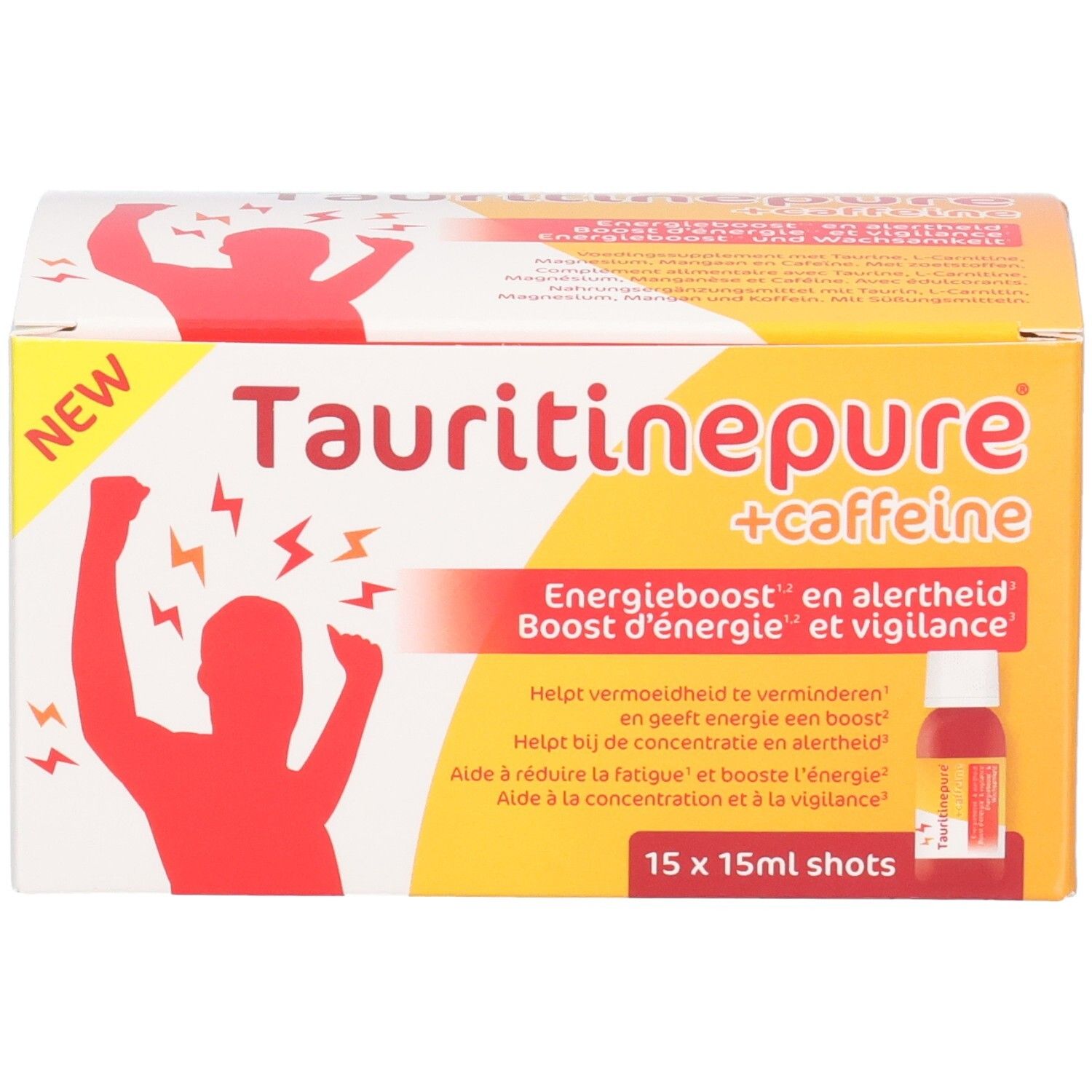 Verpackung von Tauritinepure + Caffeine, 15x 15ml Shots. Zeigt rote Silhouetten und Blitzsymbole.