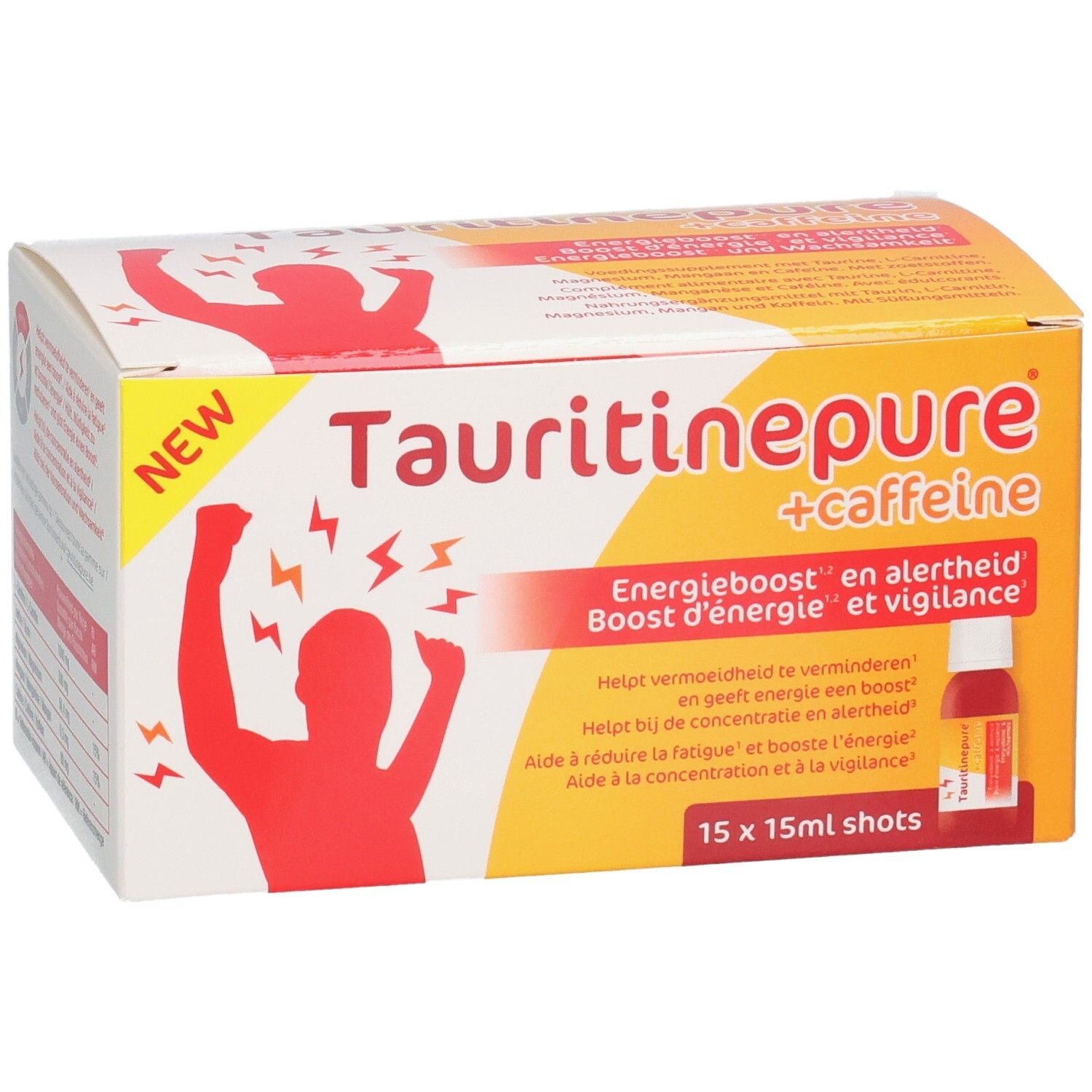 Produktbild von Tauritinepure + Caffeine mit einzelnen Shots und Energie-Kreisdiagramm.