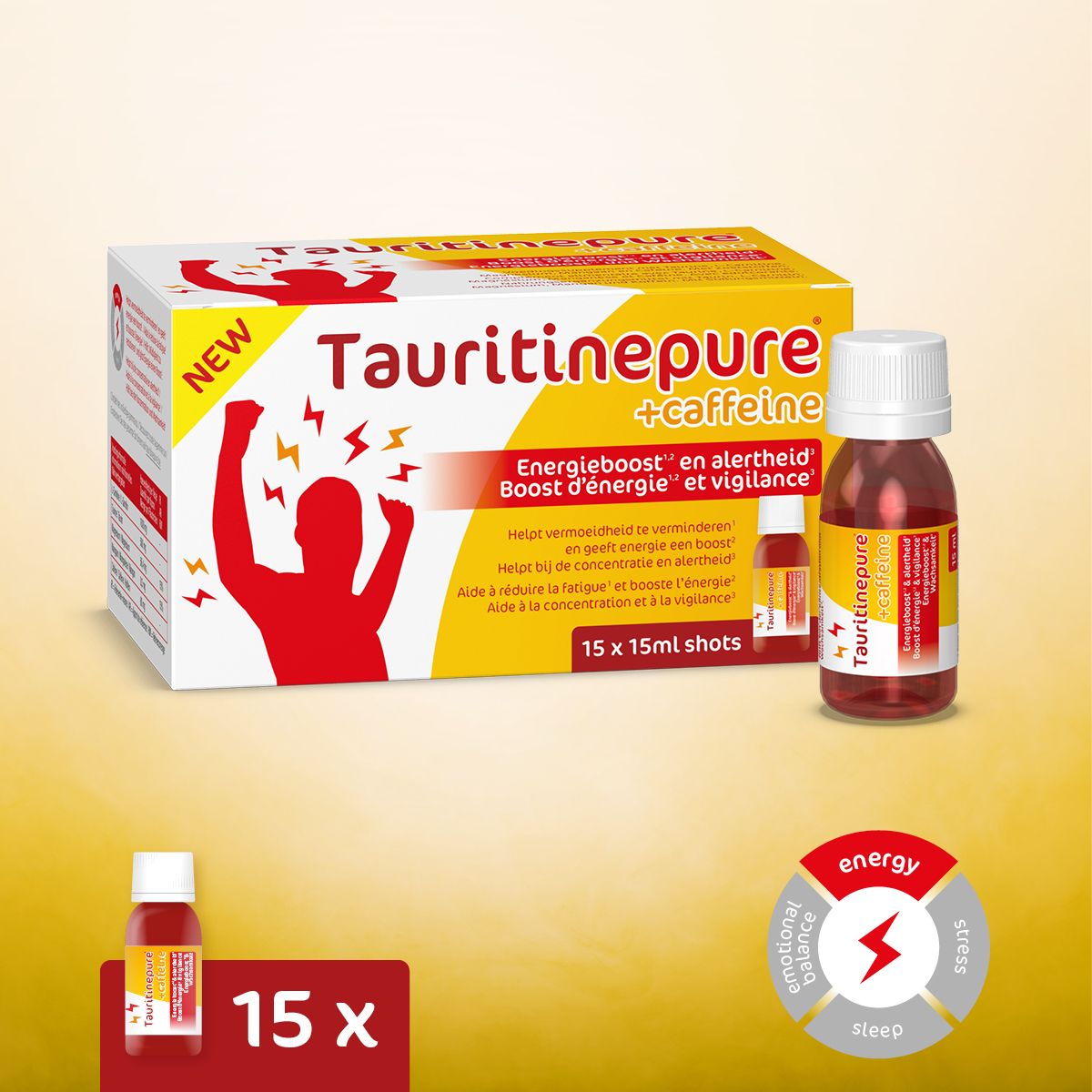 Homme en costume rouge court, à côté d'une image produit et texte sur l'énergie et la vigilance.