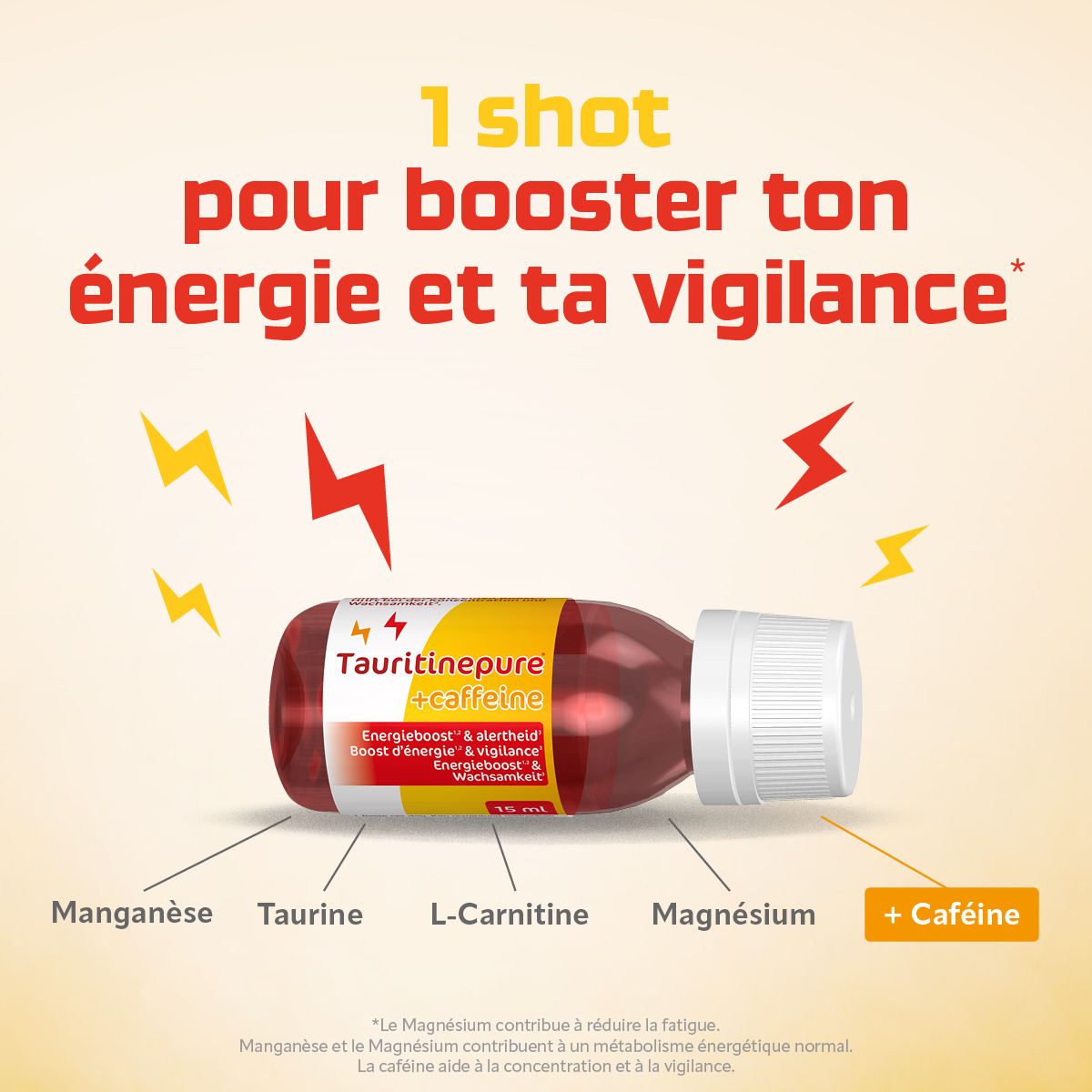 Tauritinepure + Caffeine : Boost d'énergie et vigilance. Aide à réduire la fatigue, pour la concentration.