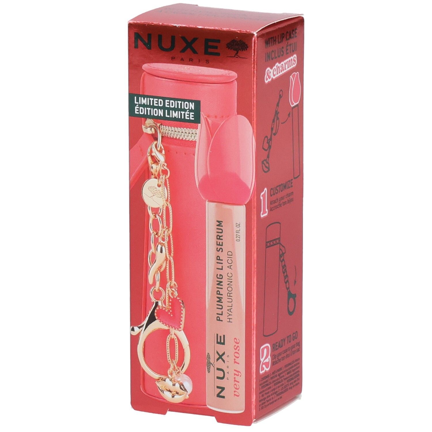 NUXE Very Rose Lippen-Serum mit Etui. Rotes Etui mit goldfarbenem Anhänger. Serum-Tube mit rosa Kappe.