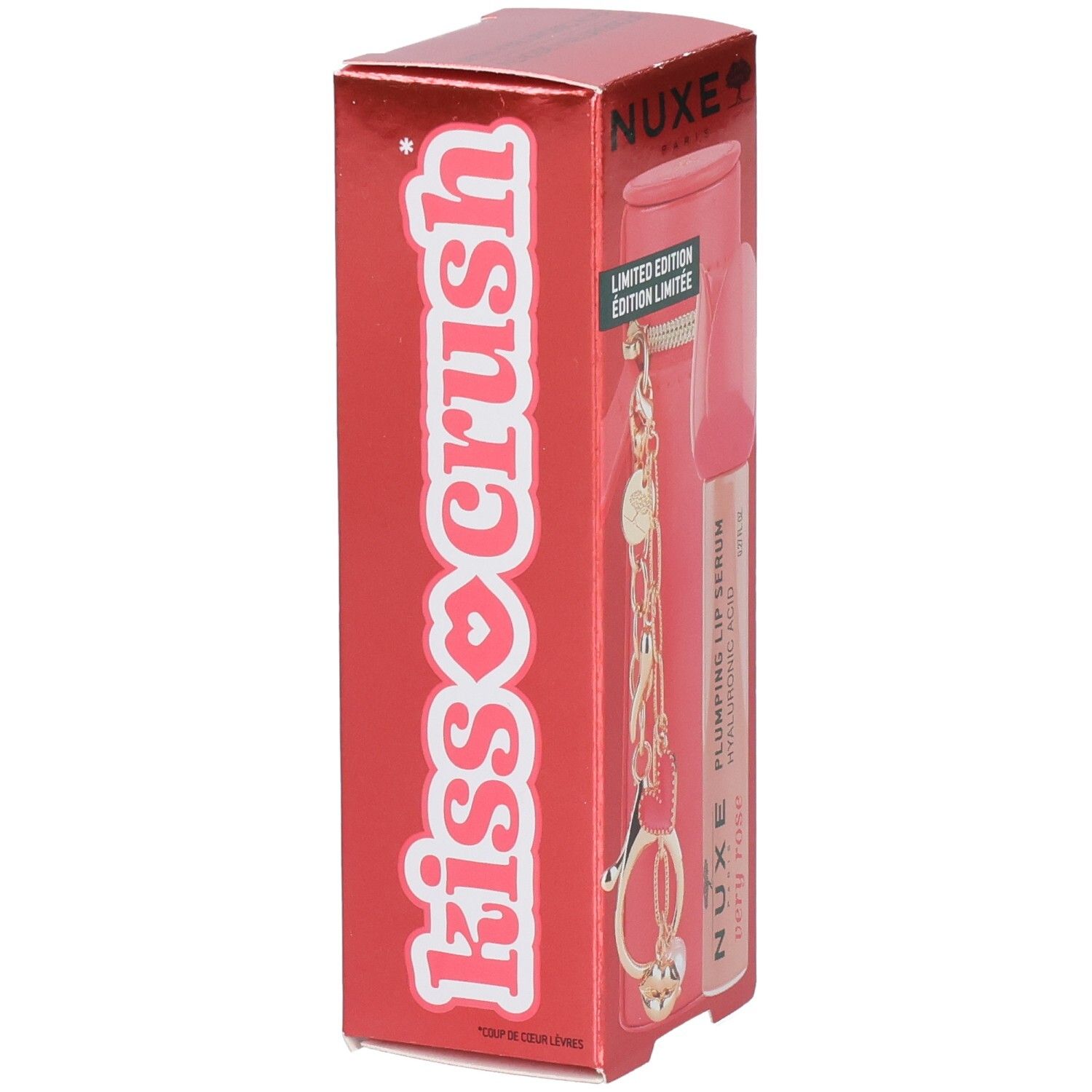 Rote Schachtel mit Kiss Crush Schriftzug. NUXE Very Rose Lippen-Serum mit Etui. Goldfarbener Anhänger.